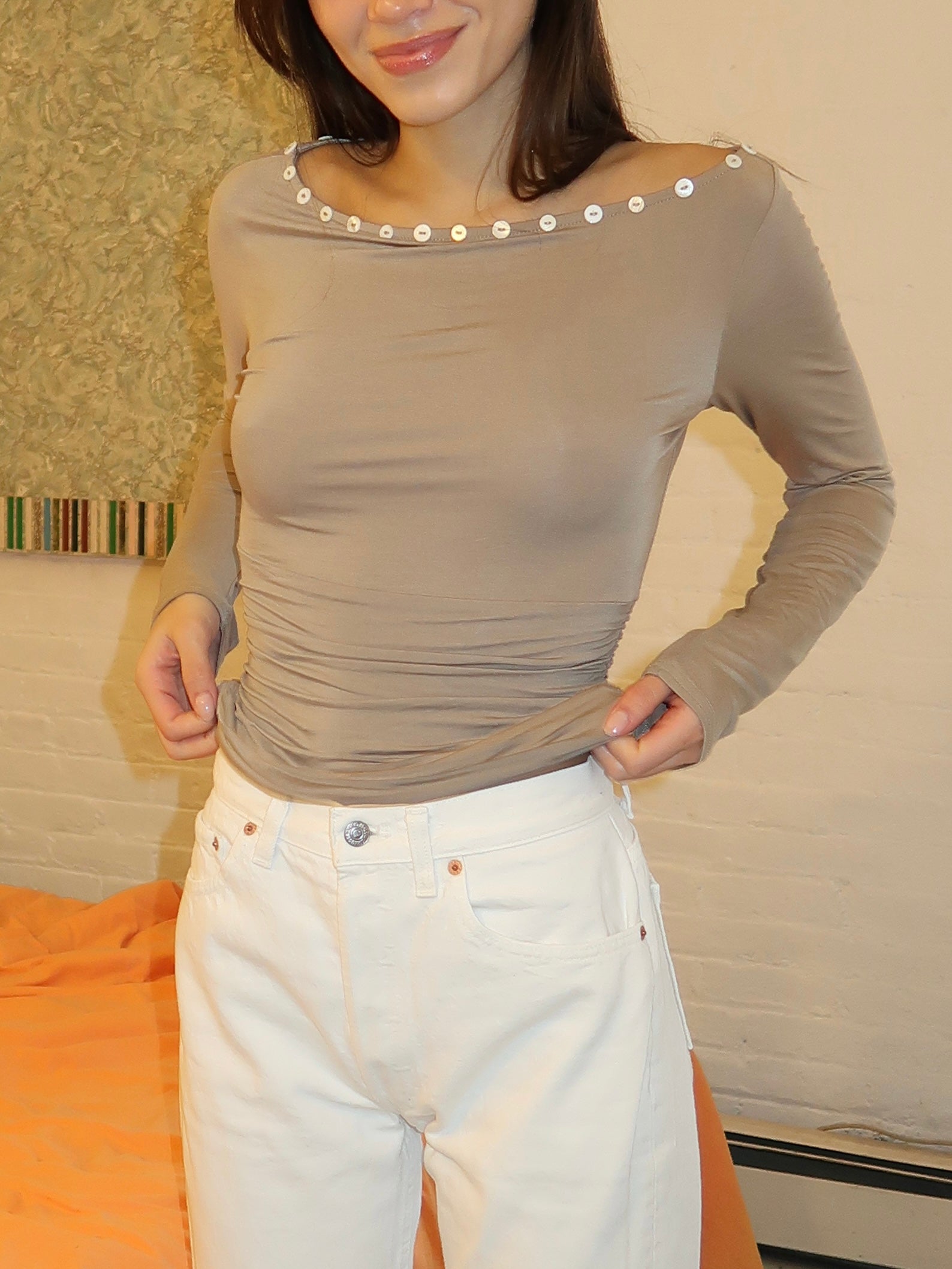 Azalea Long Sleeve Button Trim Top in Greige