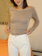 Azalea Long Sleeve Button Trim Top in Greige