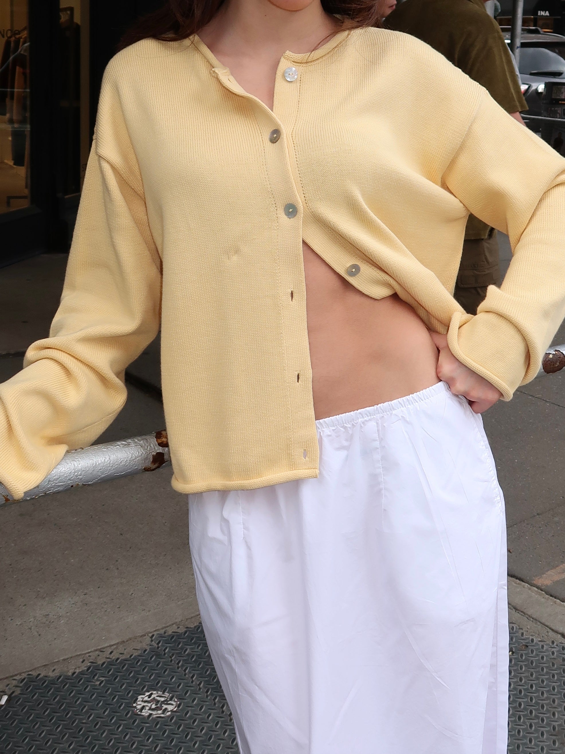 The Cotton Knit Roll Cardigan in Butter