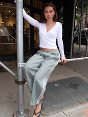 Linen Stripe Crop Racer Pant in Sage