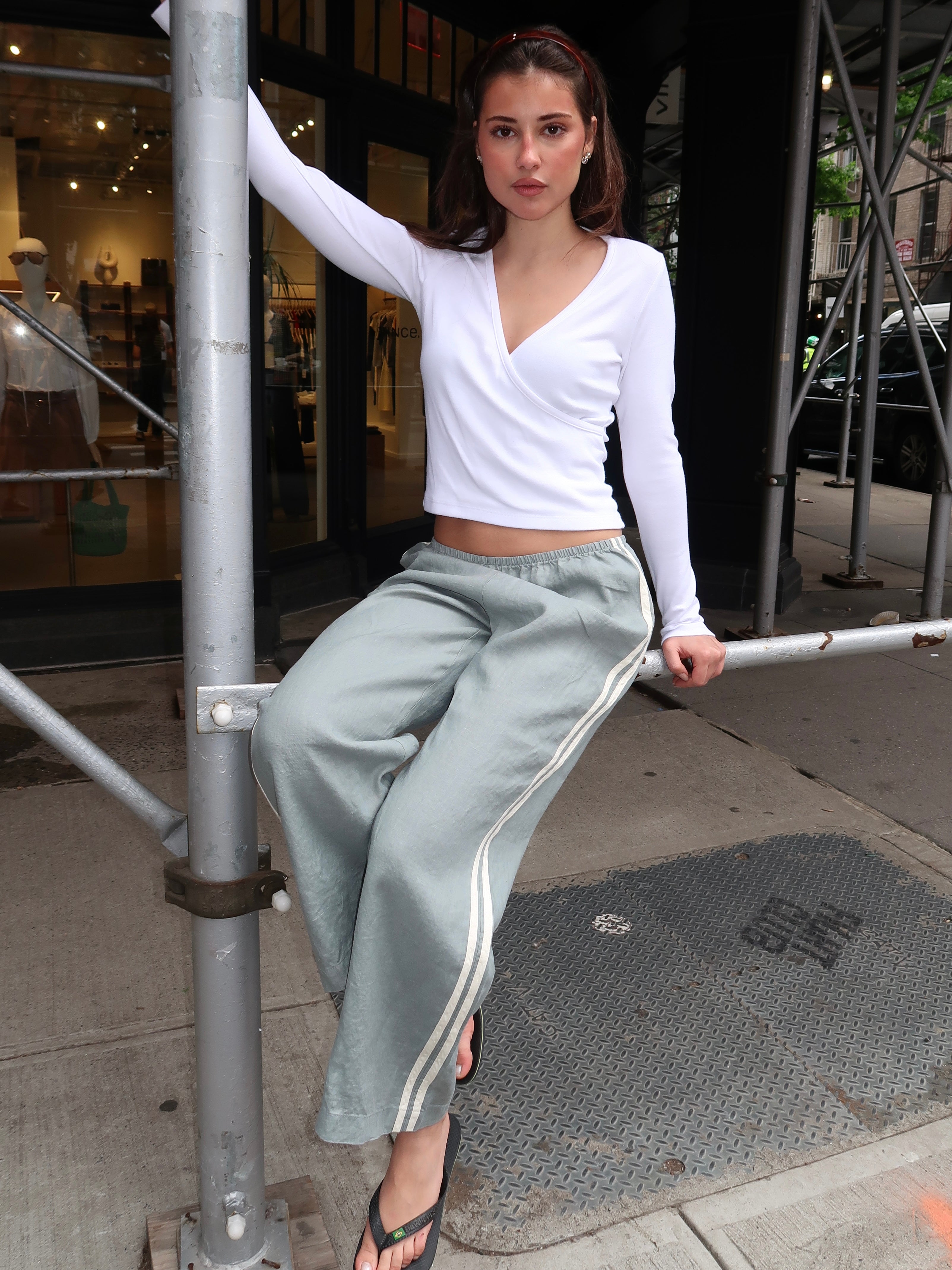 Linen Stripe Crop Racer Pant in Sage