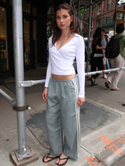 Linen Stripe Crop Racer Pant in Sage