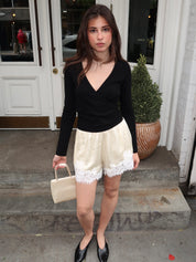 Fortney Lace Trim Silky Shorts in Cream