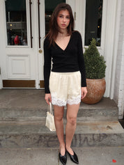 Fortney Lace Trim Silky Shorts in Cream