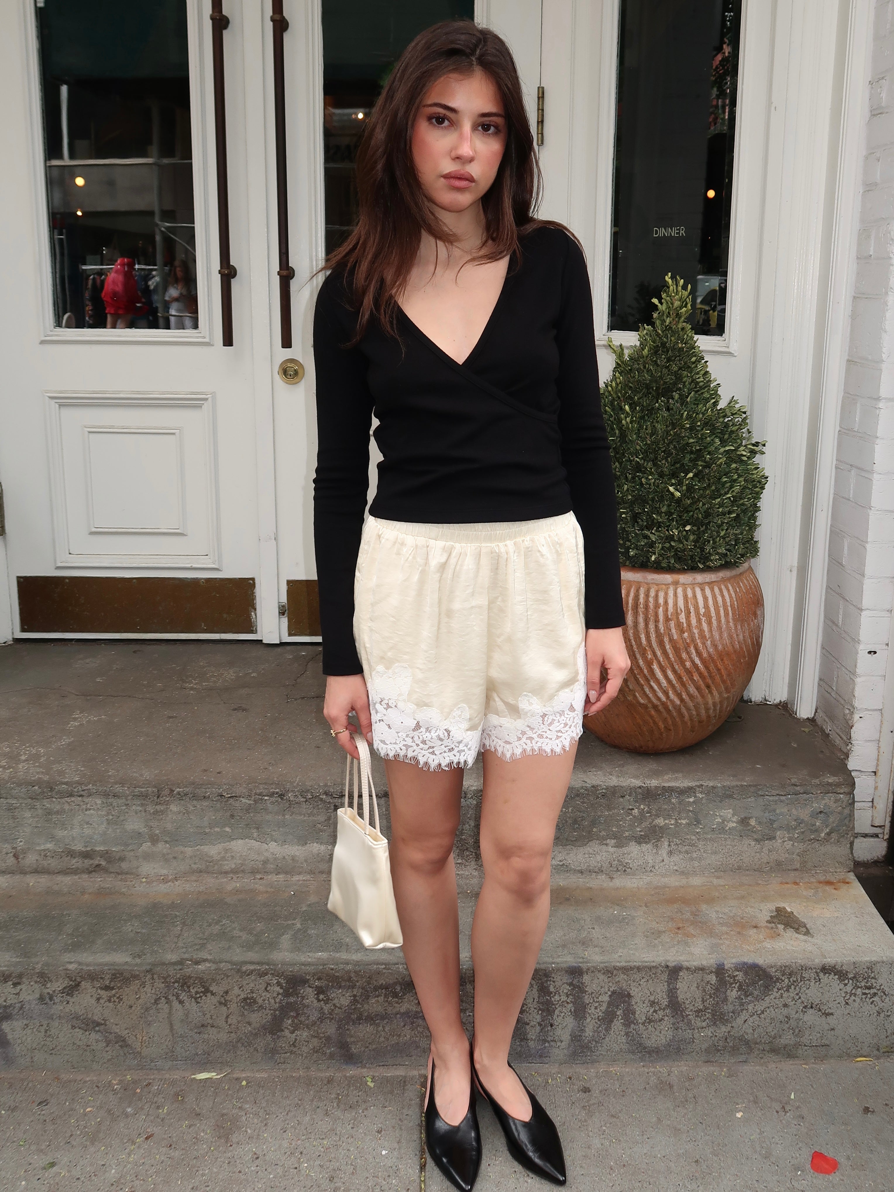 Fortney Lace Trim Silky Shorts in Cream