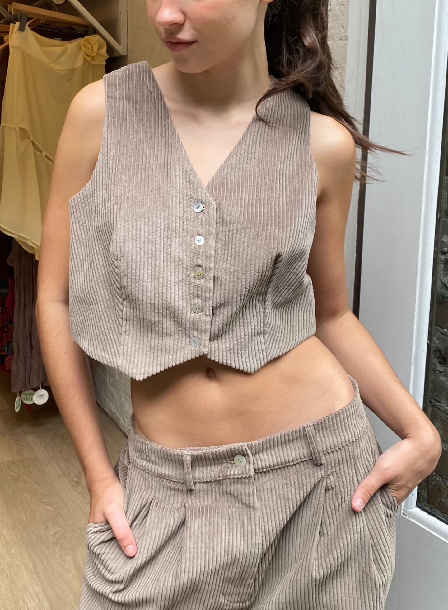 Cord Cropped Vest in Mushroom