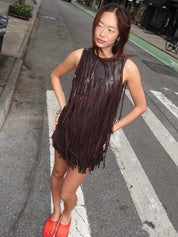 Sina Vegan Leather Fringdress in Dark Choco Brown