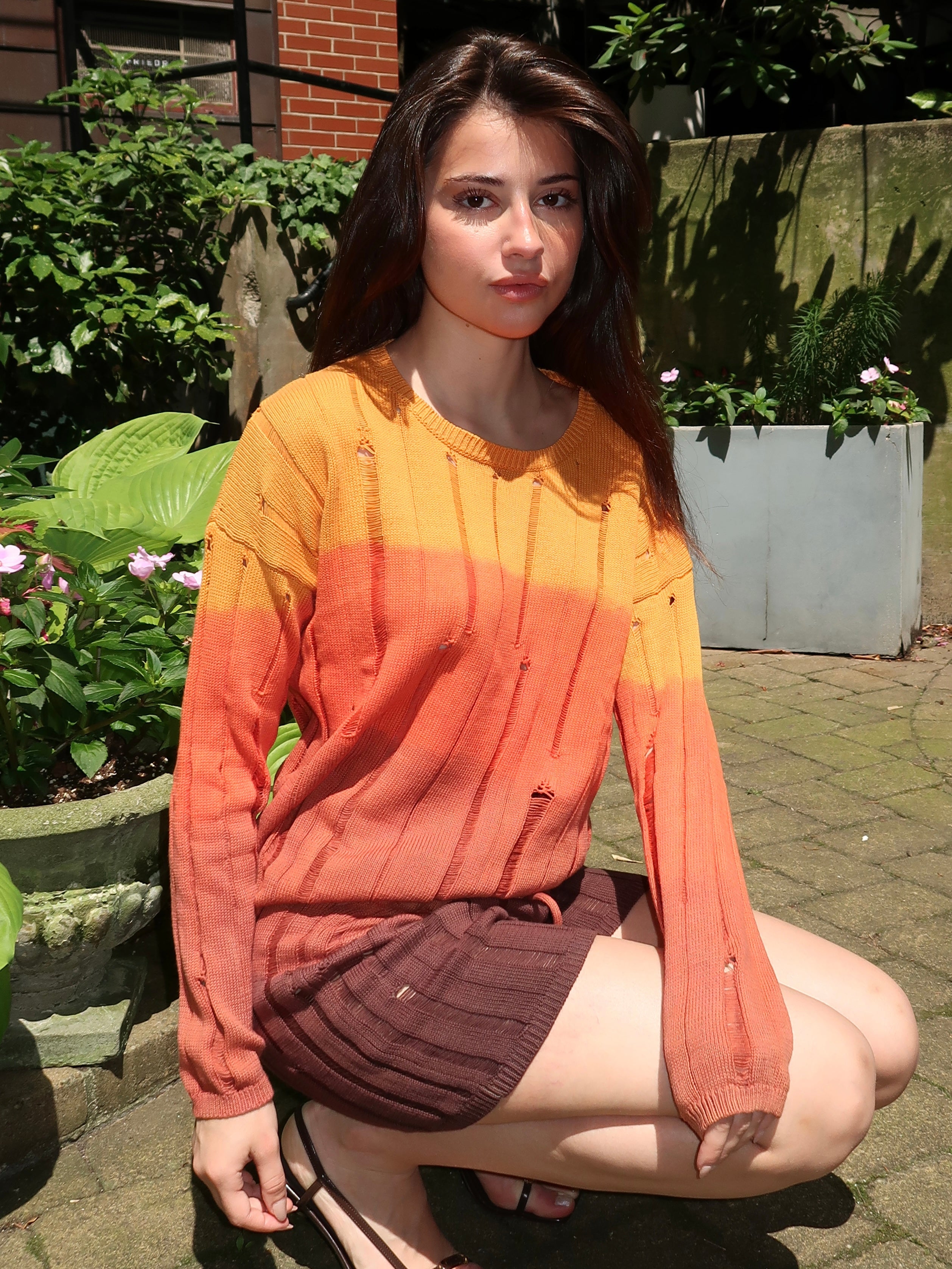 Sunset Ripped Knit Sweather in Sunset