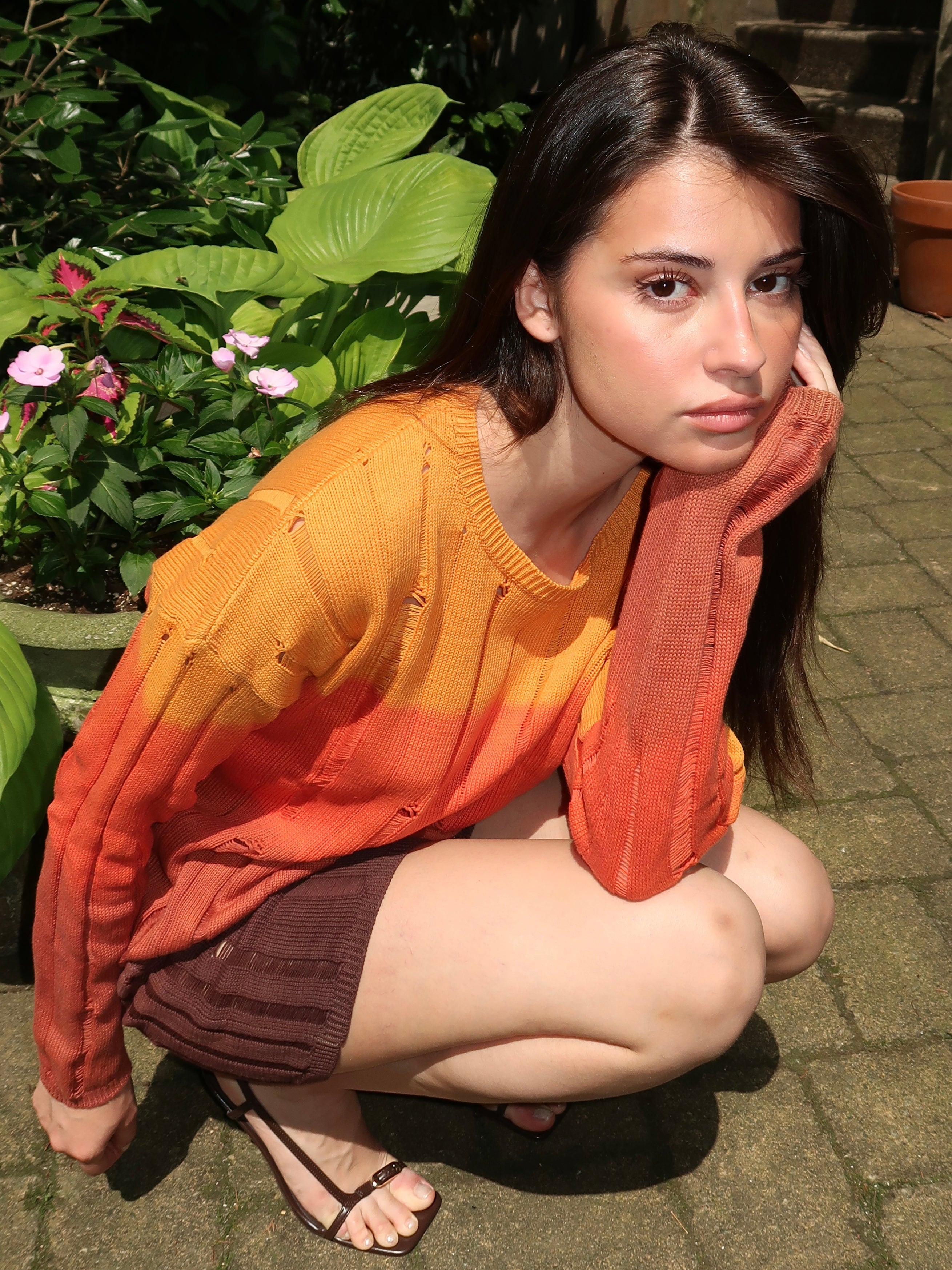 Sunset Ripped Knit Sweather in Sunset