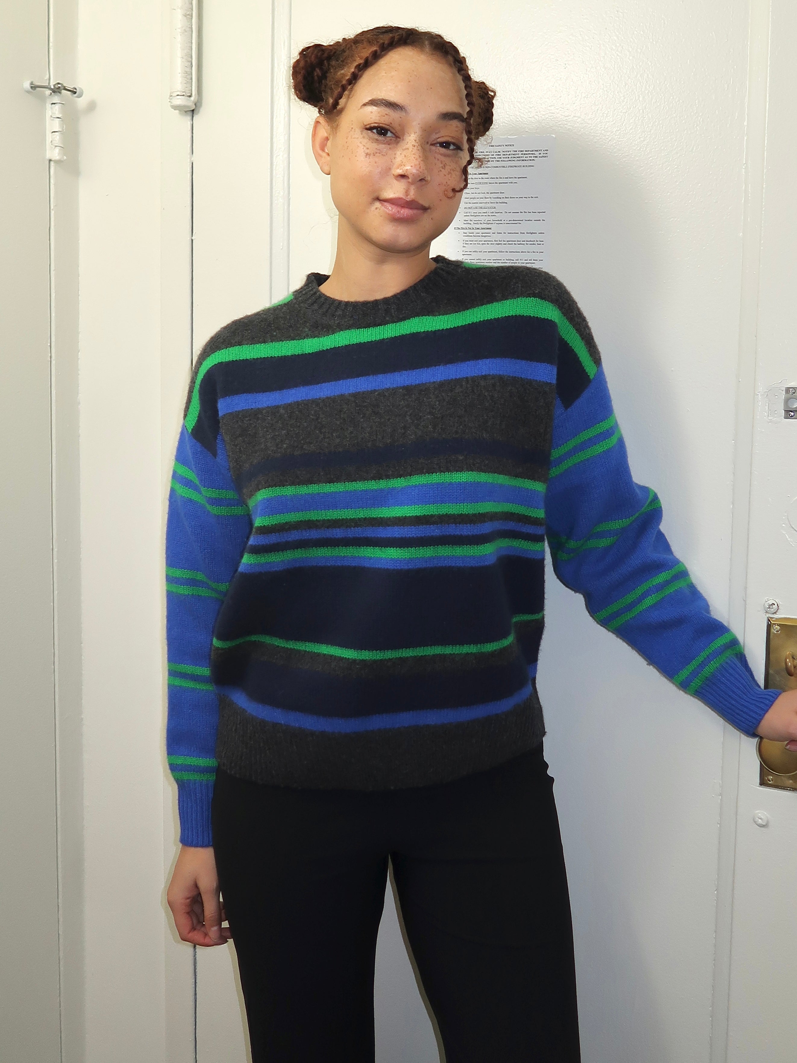 Rene Crew Jumper in Green/Blue Stripe Multi