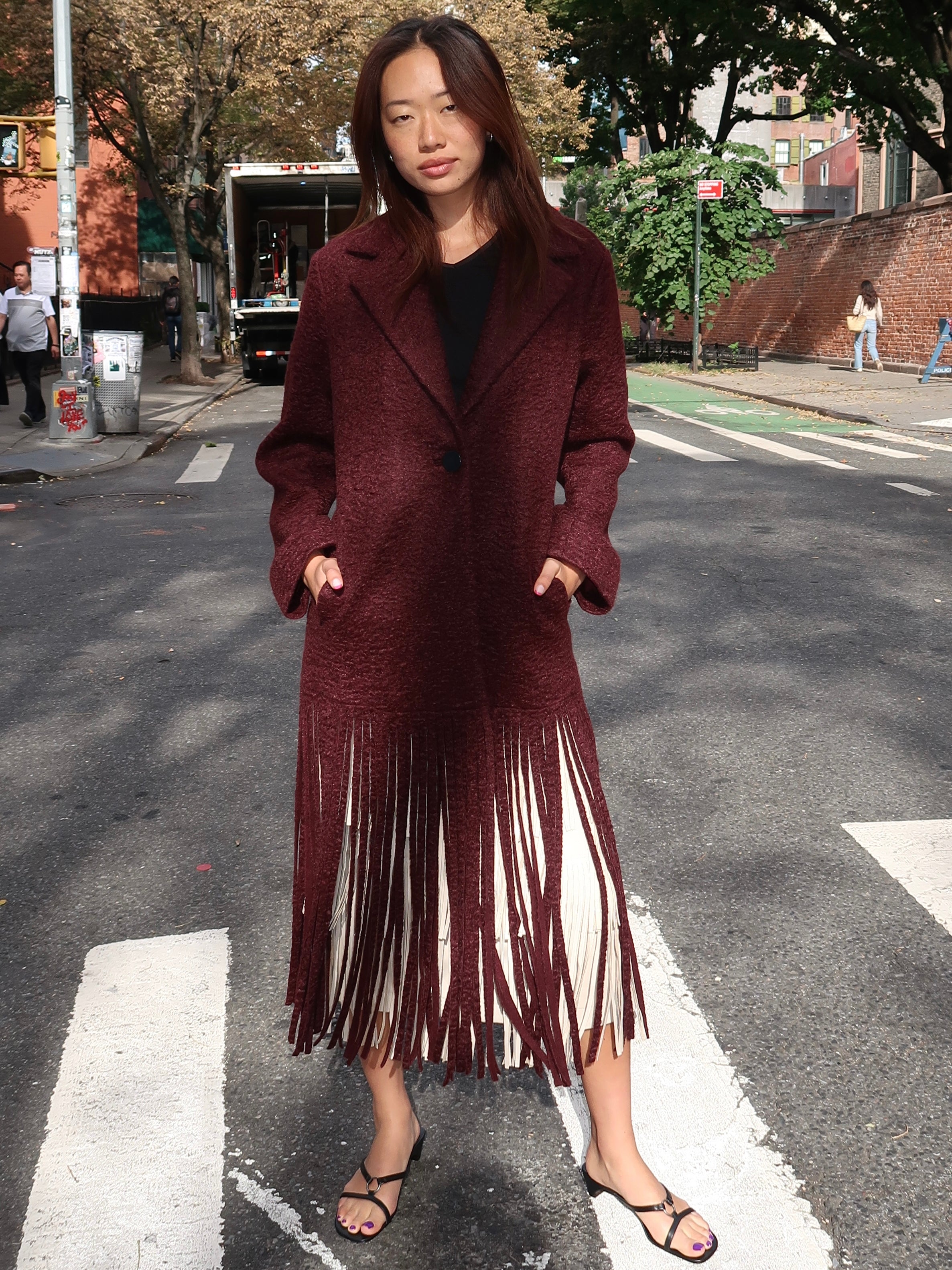Vero Fringe Coat in Bordeaux