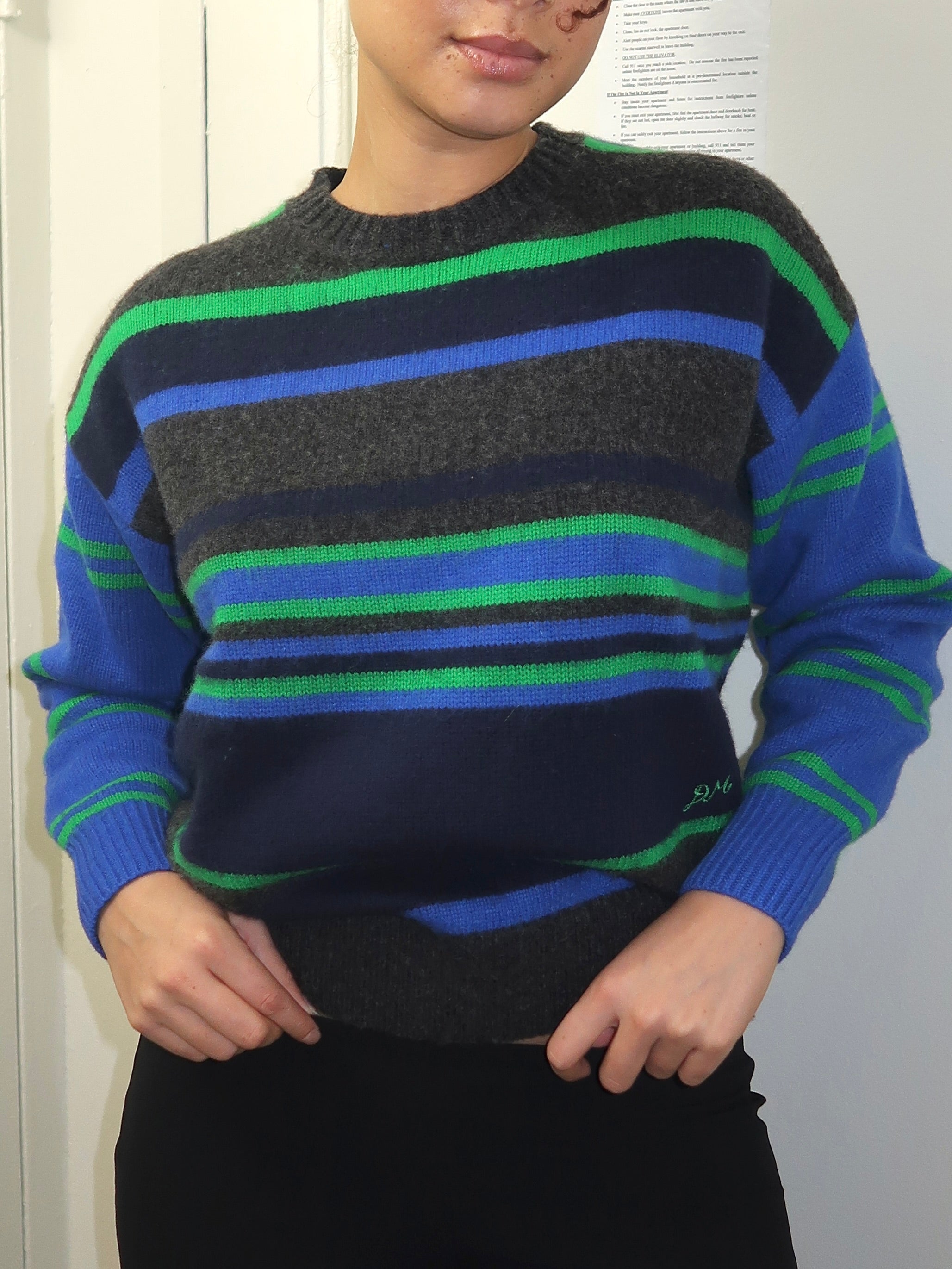 Rene Crew Jumper in Green/Blue Stripe Multi