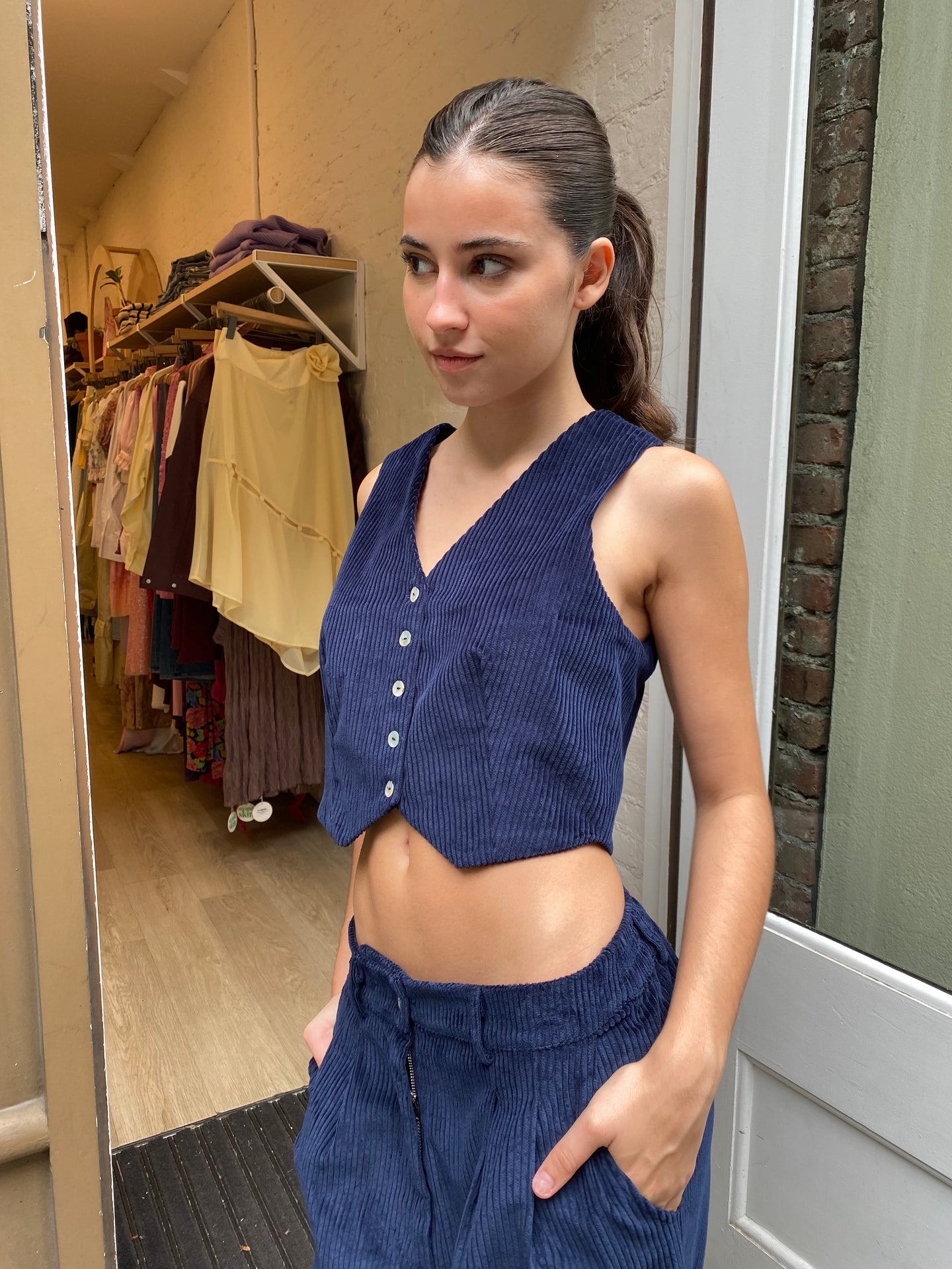 Cord Cropped Vest in Navy