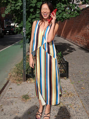 Cece Asymmetrical Midi Dress in Ocean Stripe