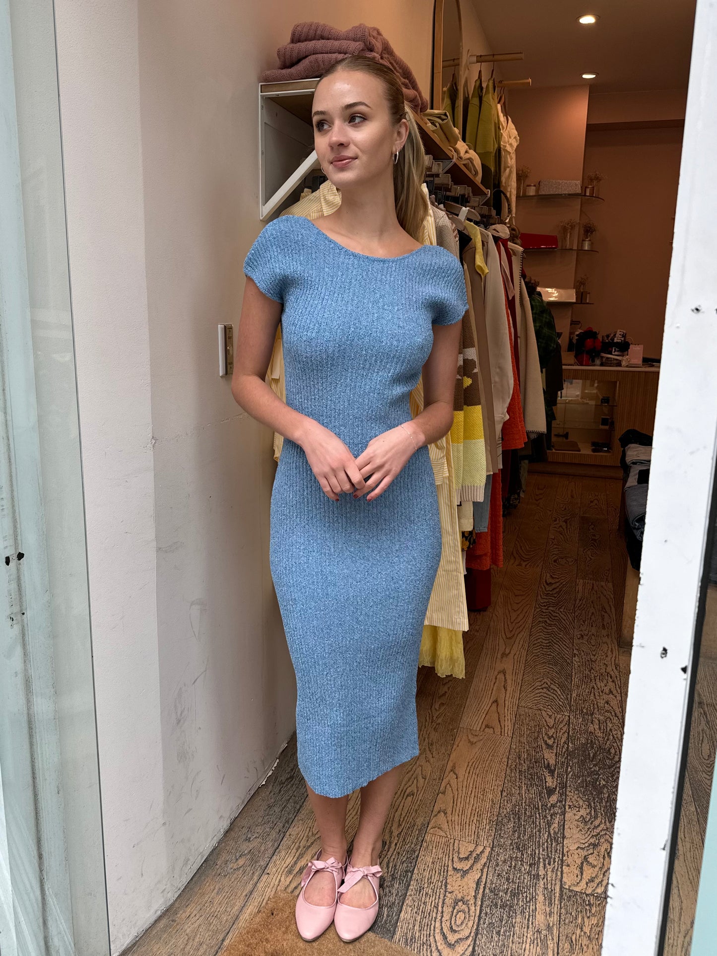 January Backless Knit Maxi Dress in Blue