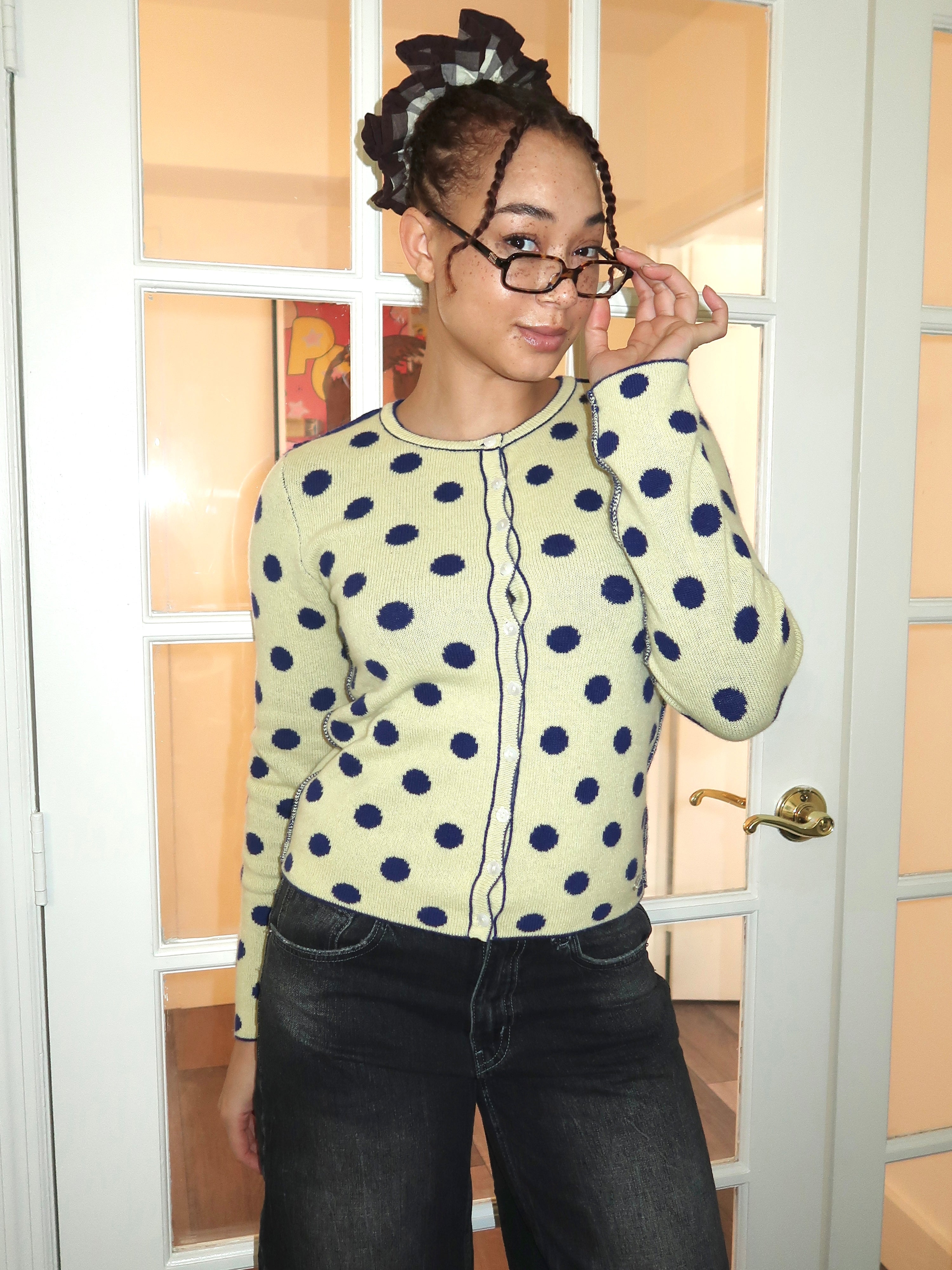 Tabitha Reversible Cardigan in Navy/Butter Spot
