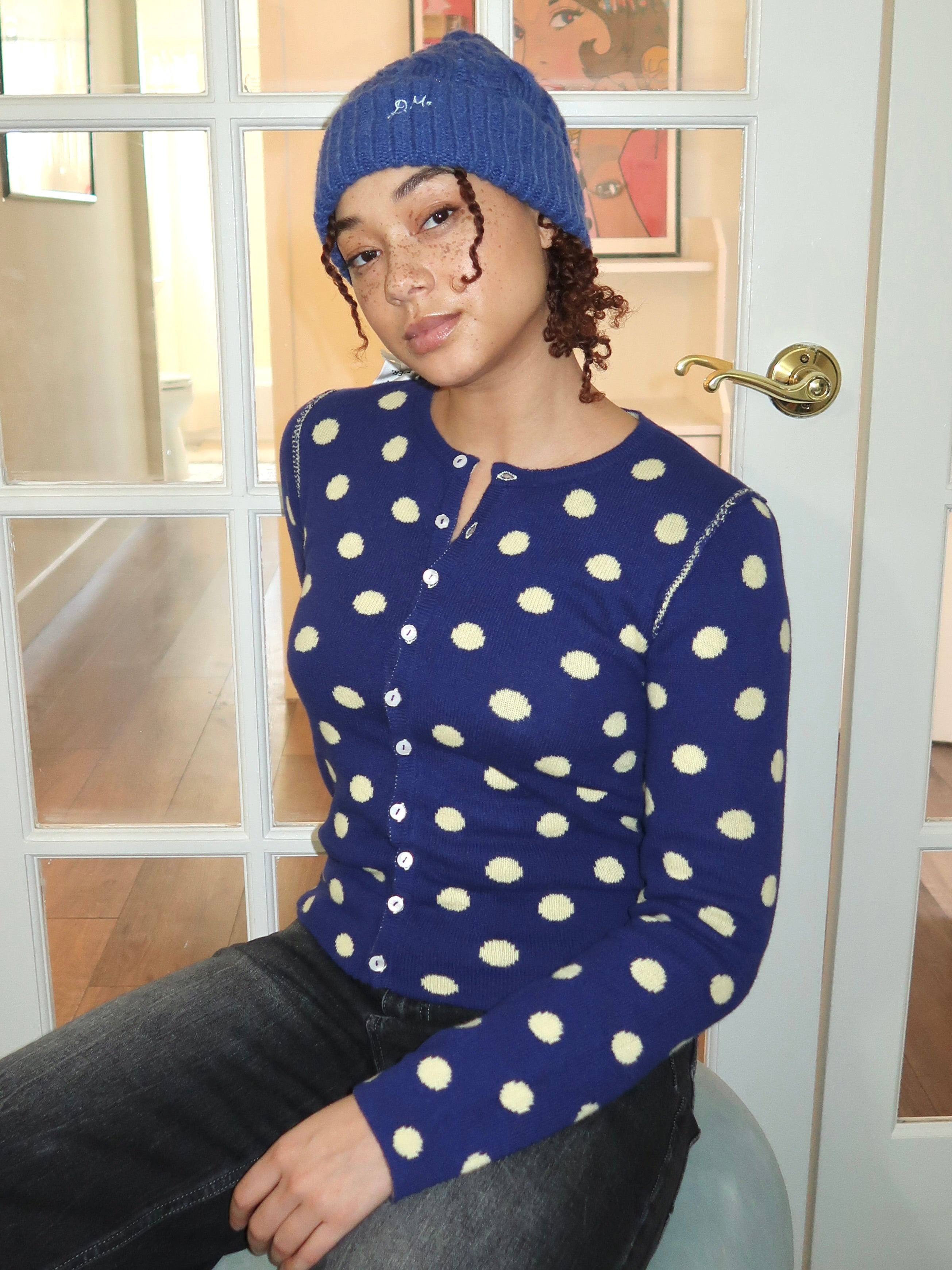 Tabitha Reversible Cardigan in Navy/Butter Spot