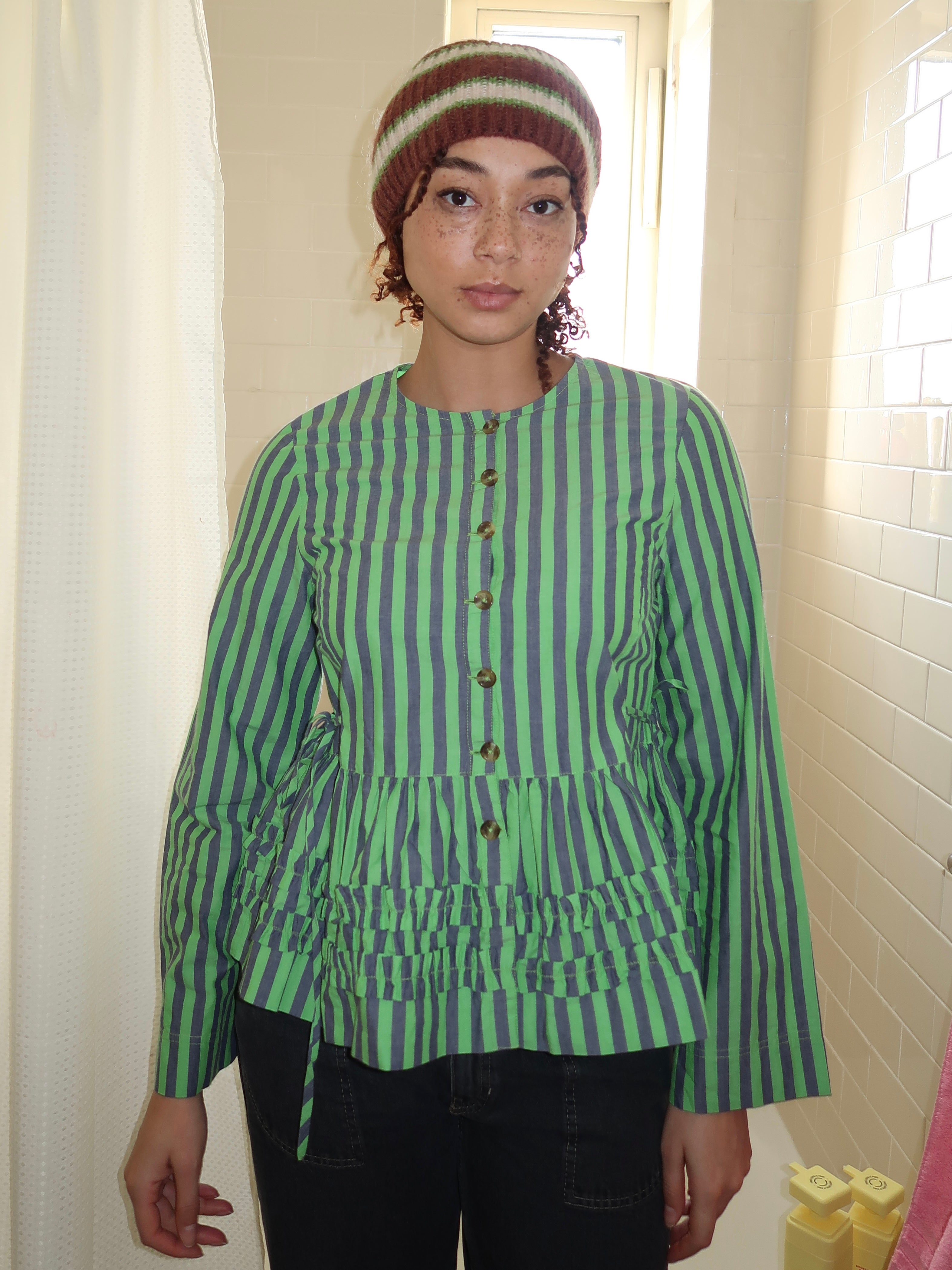 Madison Blouse in Navy Pop Green Stripe