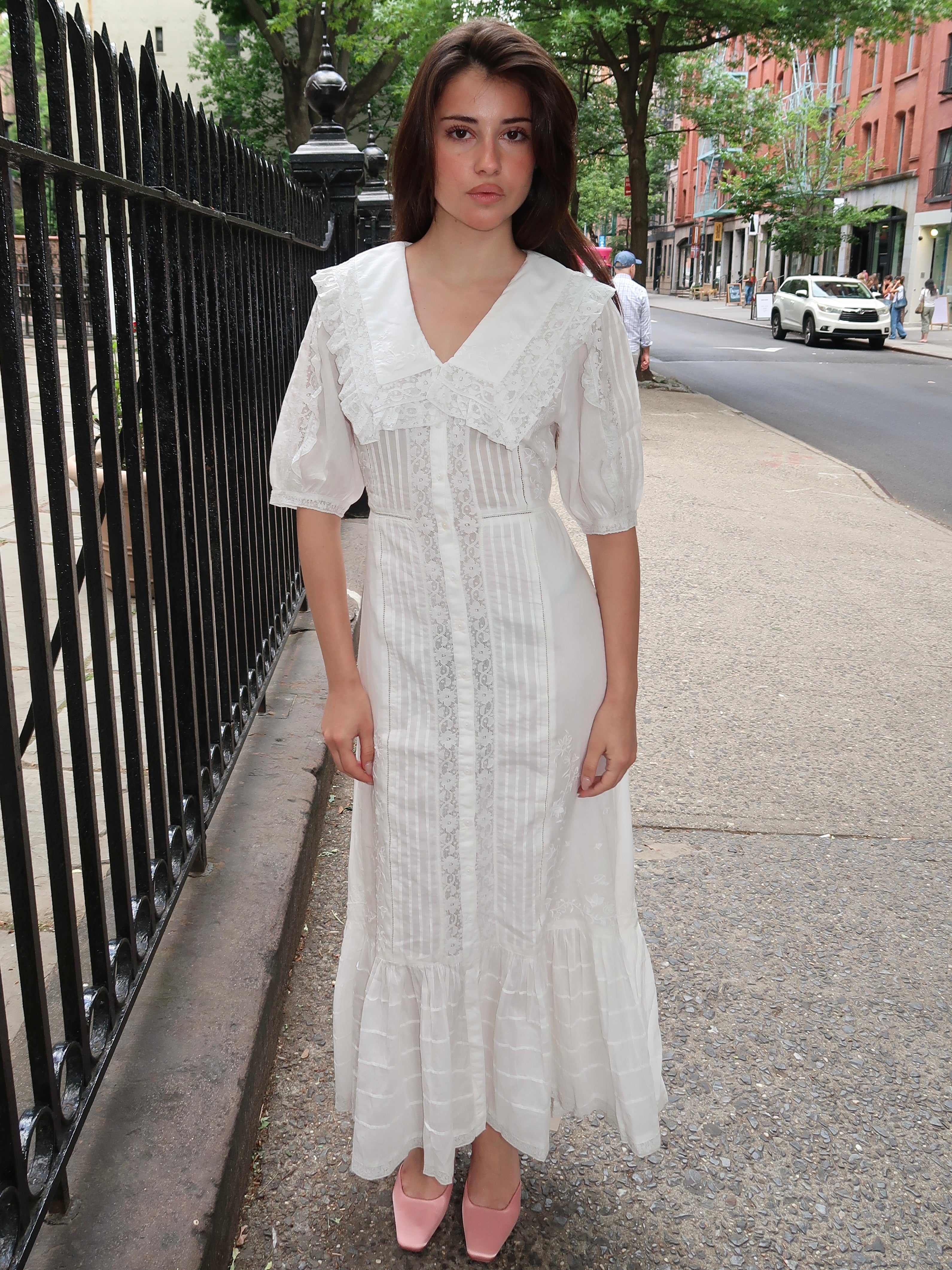 Edina Dress Pansy Embroidery White