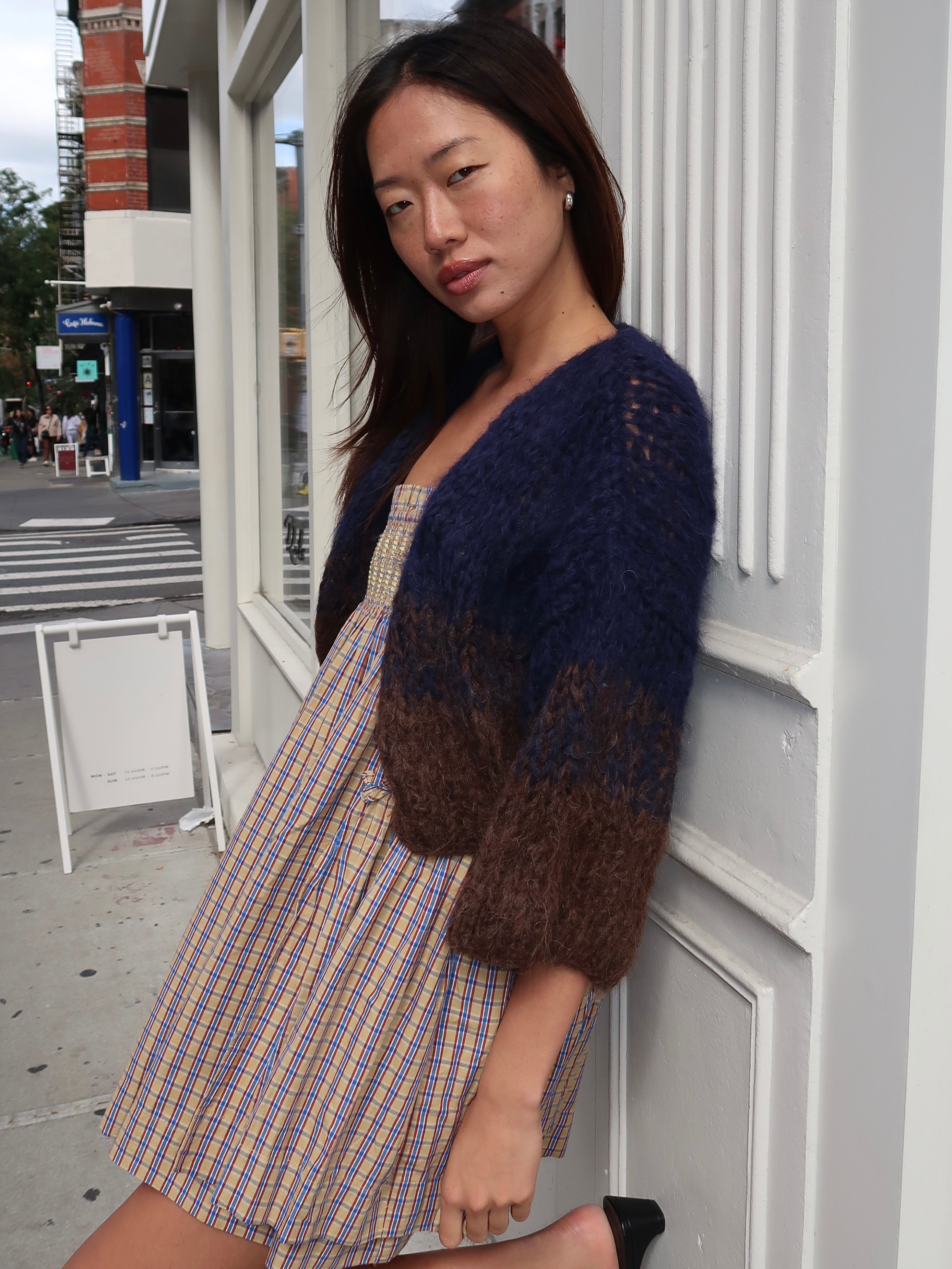 Shaggy Alpaca Gradient Short Sleeve Cardigan in Kingfisher