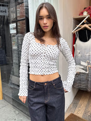 Brandy Ruched Top in White Polka Dot
