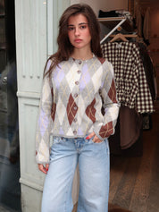 Sunday Cardigan in Grey Argyle Multi
