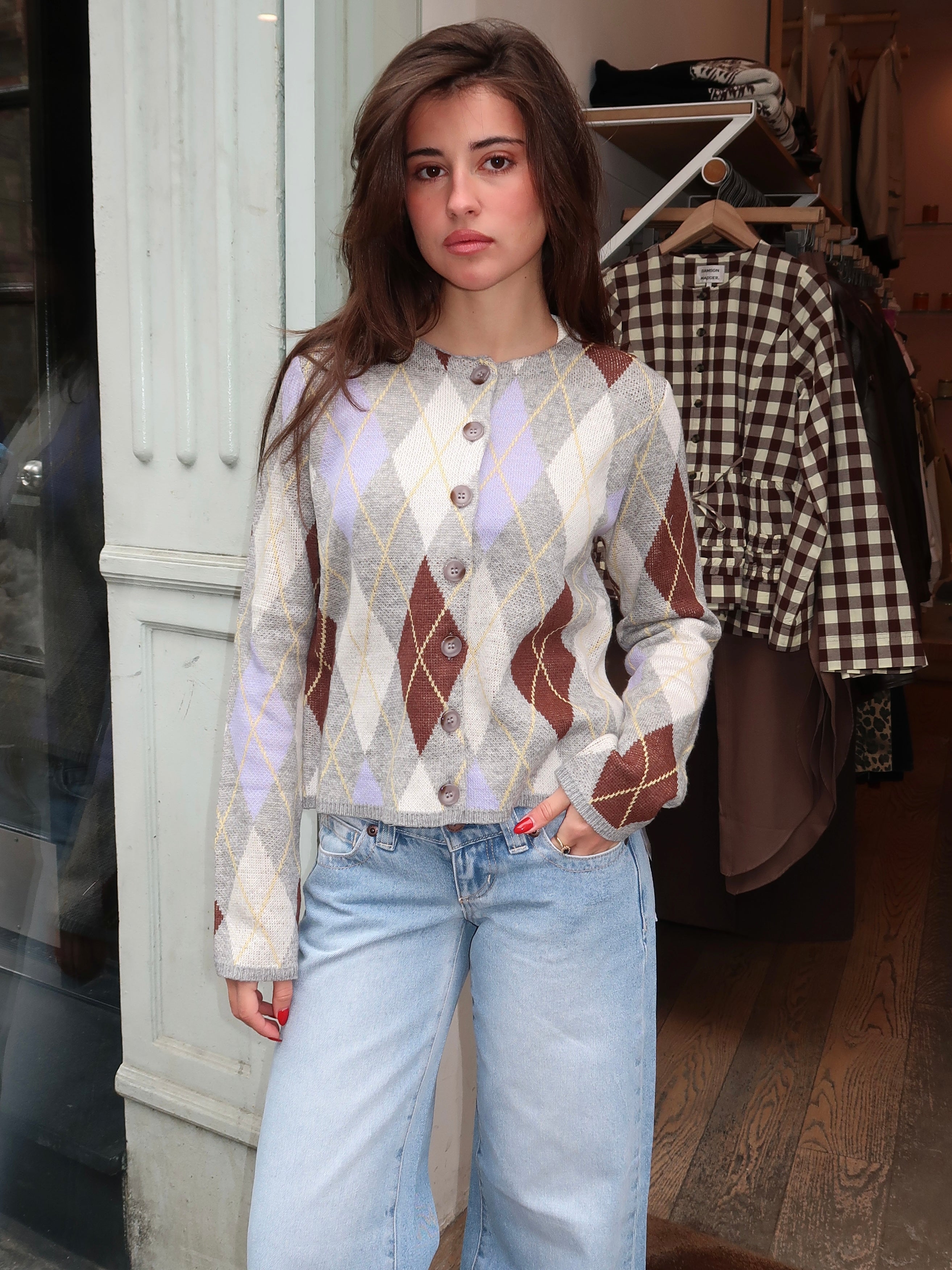 Sunday Cardigan in Grey Argyle Multi