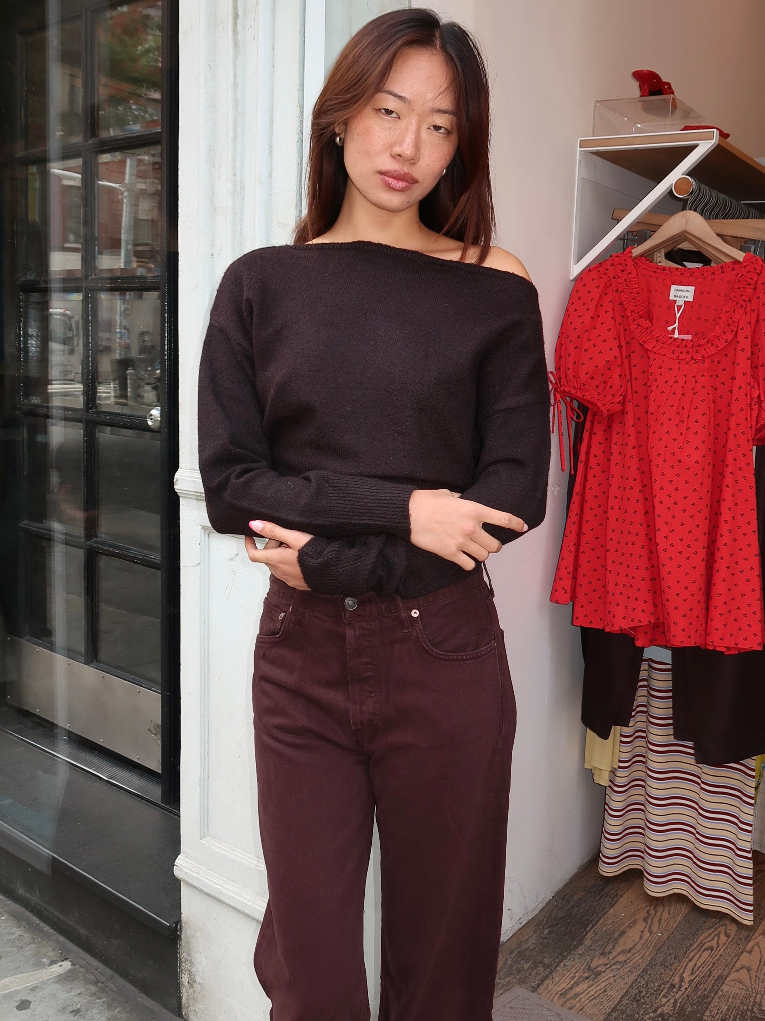 Aurelle Off-Shoulder Sweater in Brown