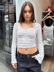 Brandy Ruched Top in White Polka Dot