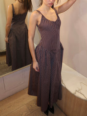 Olas Midi Dress in Rocio Pinstripe Chocolate Plum