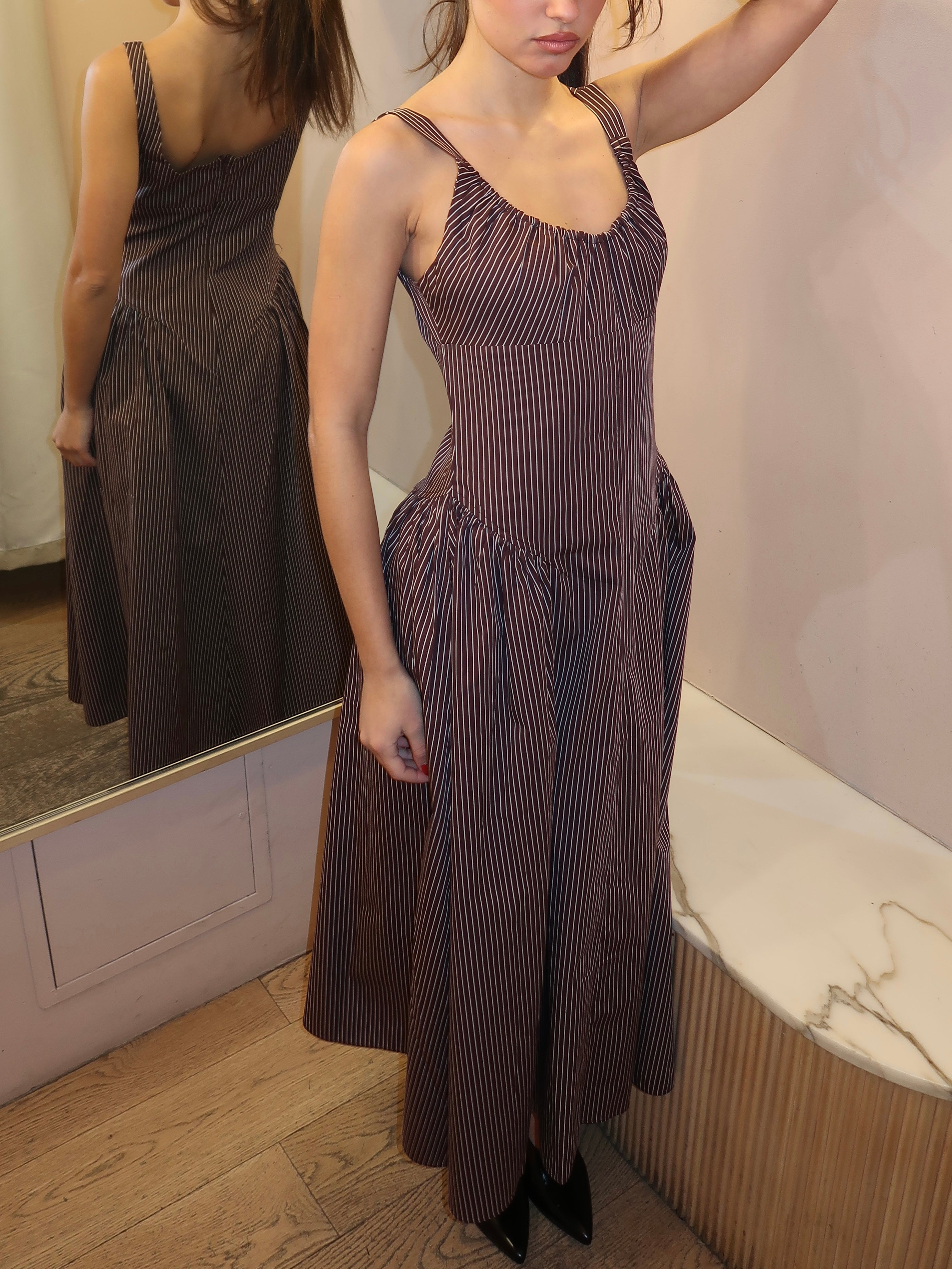 Olas Midi Dress in Rocio Pinstripe Chocolate Plum