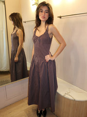 Olas Midi Dress in Rocio Pinstripe Chocolate Plum