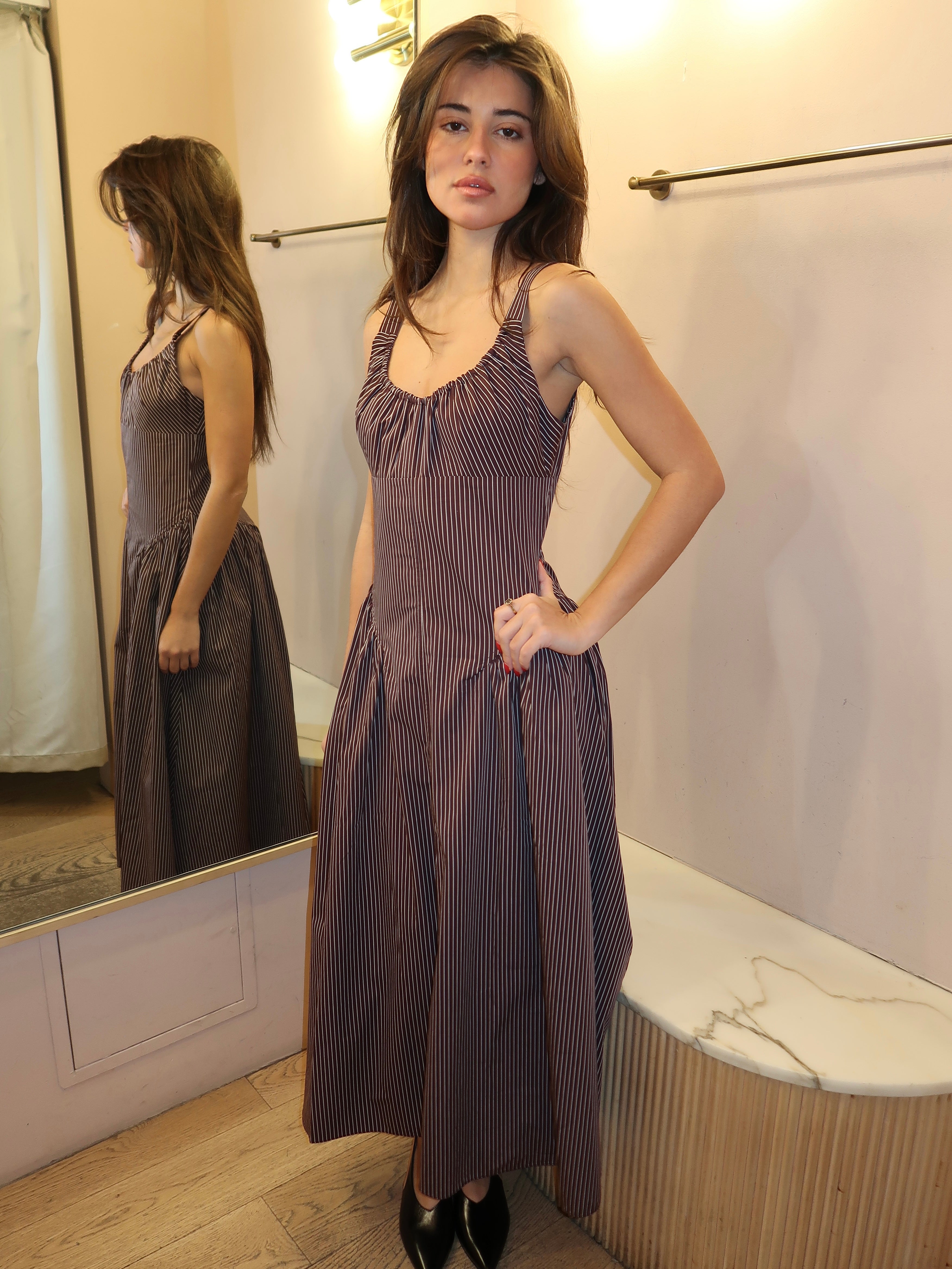 Olas Midi Dress in Rocio Pinstripe Chocolate Plum