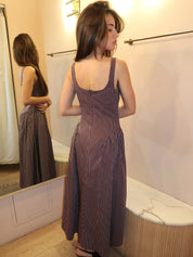 Olas Midi Dress in Rocio Pinstripe Chocolate Plum