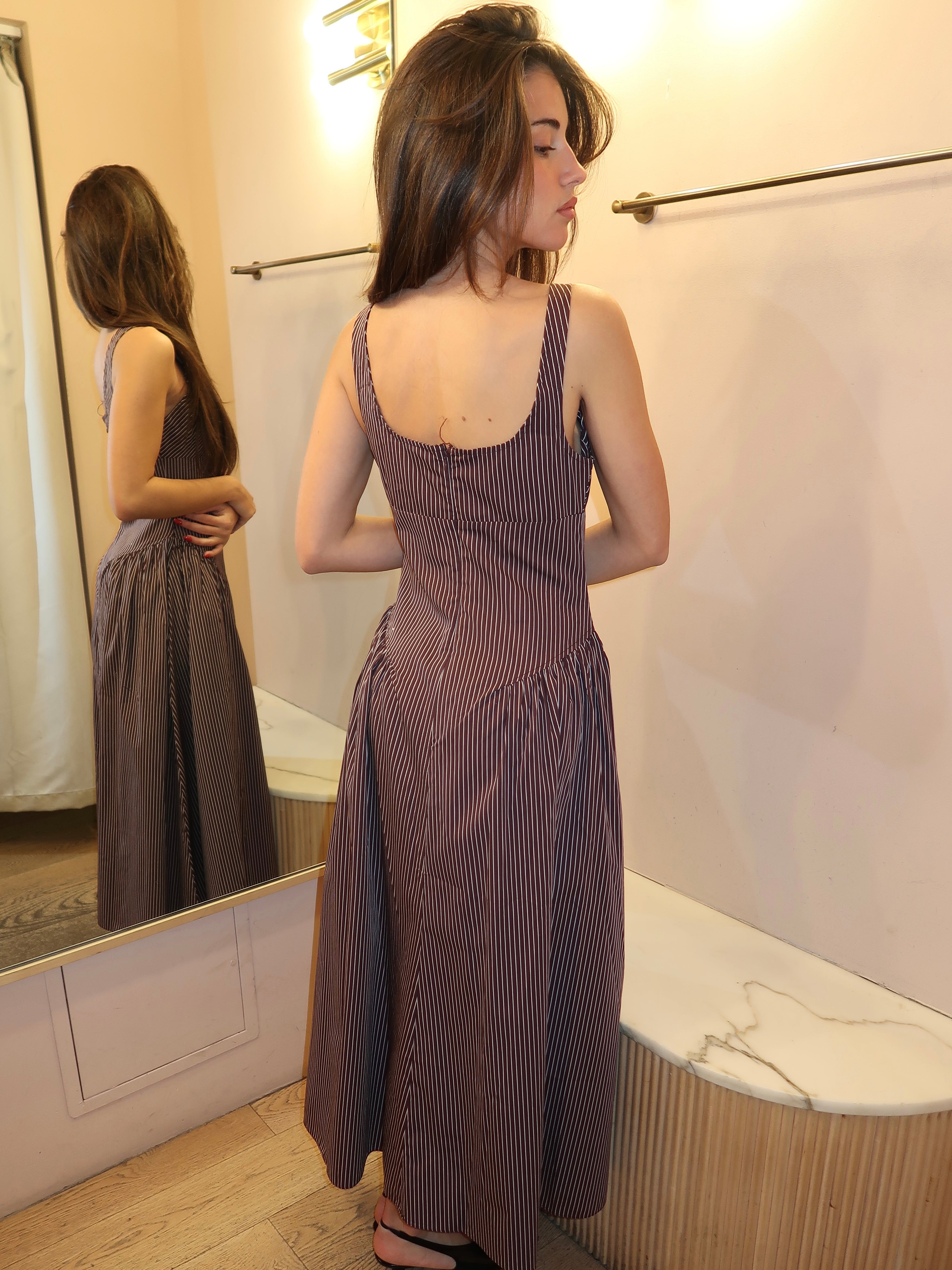 Olas Midi Dress in Rocio Pinstripe Chocolate Plum
