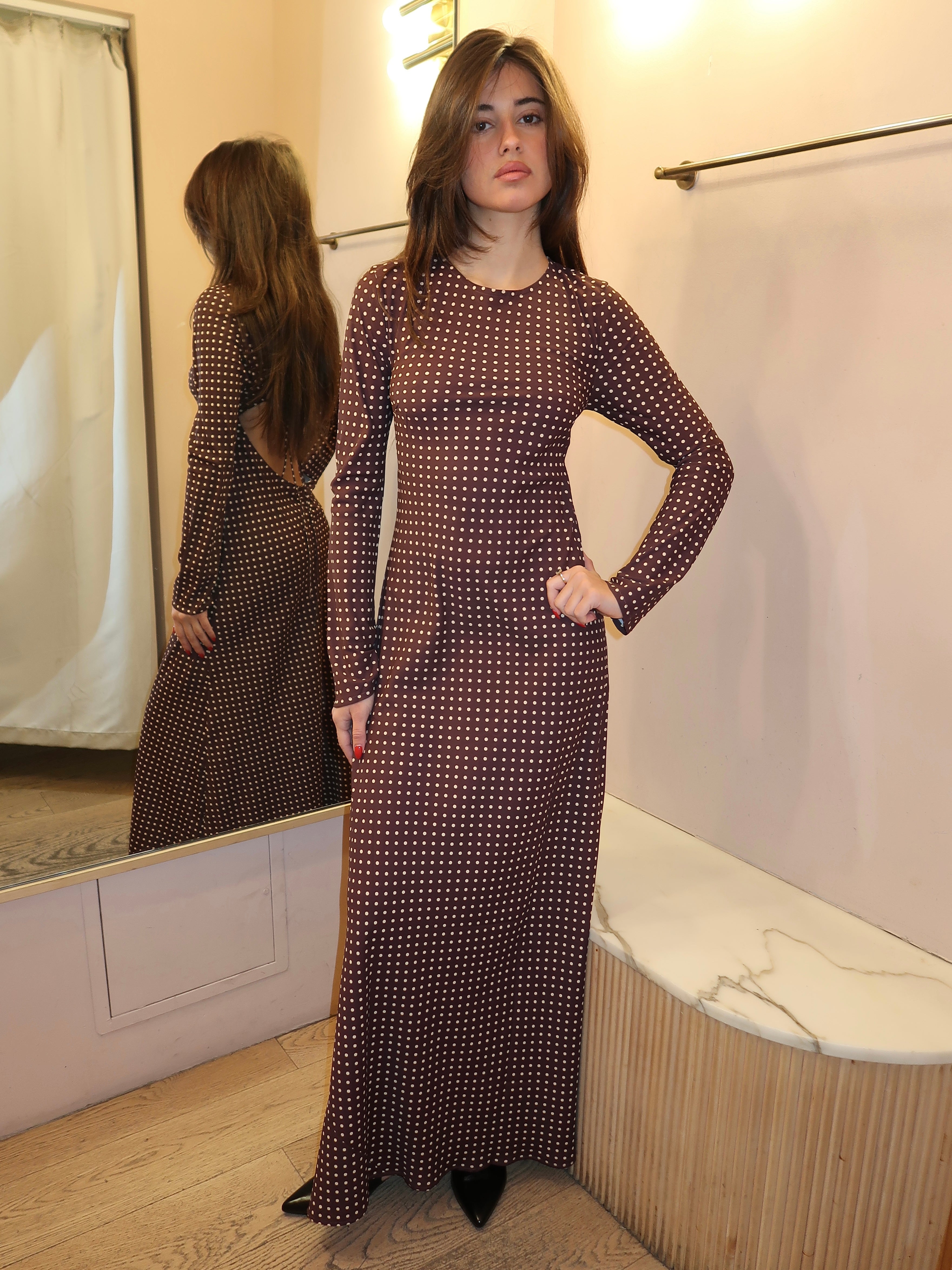 Mesa Maxi Dress in Polkadot Chocolate Plum