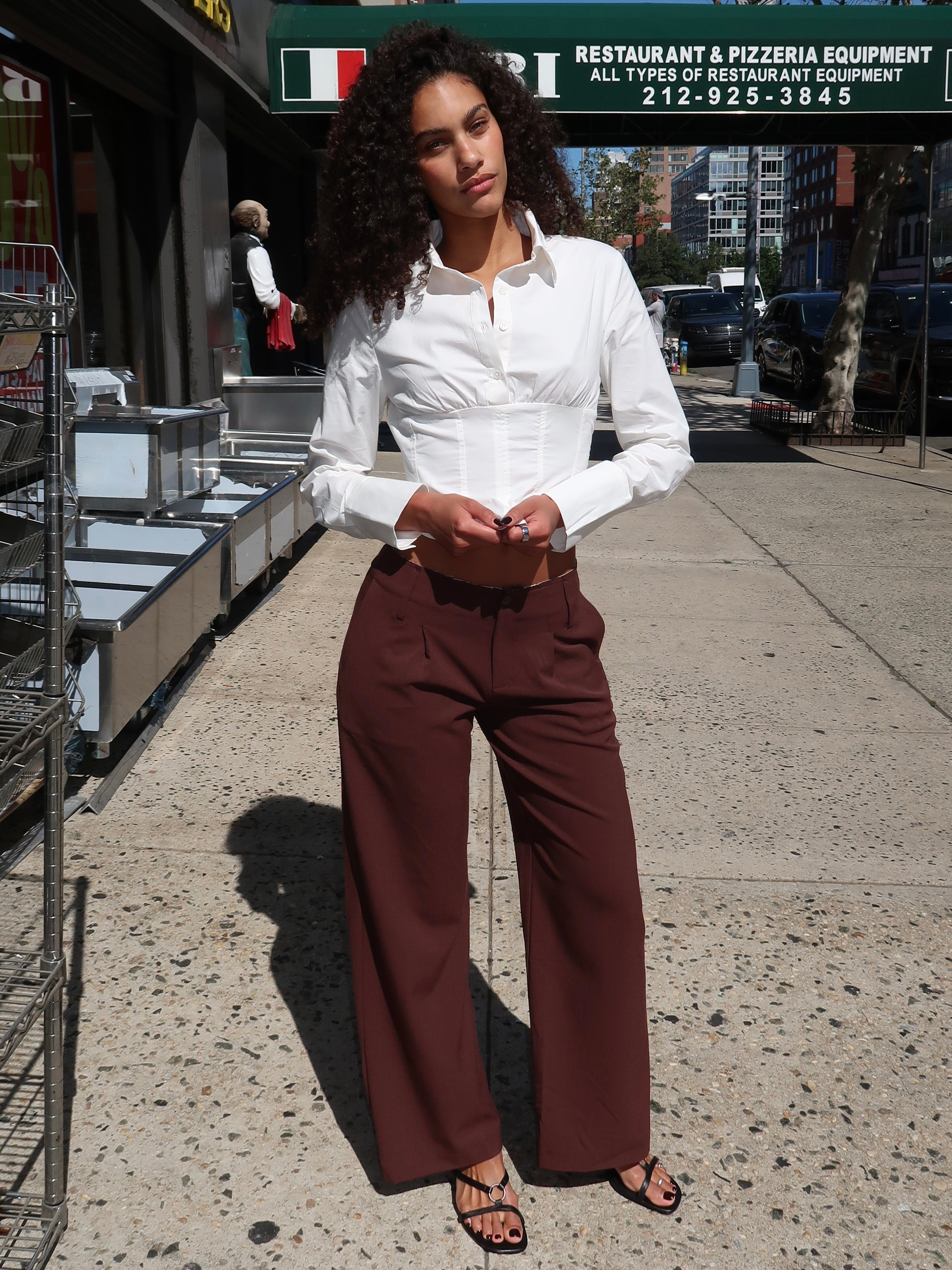 Artemas Raw Waistband Trousers in Dark Brown