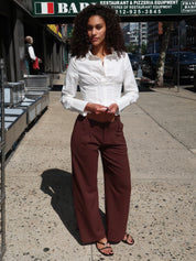 Artemas Raw Waistband Trousers in Dark Brown
