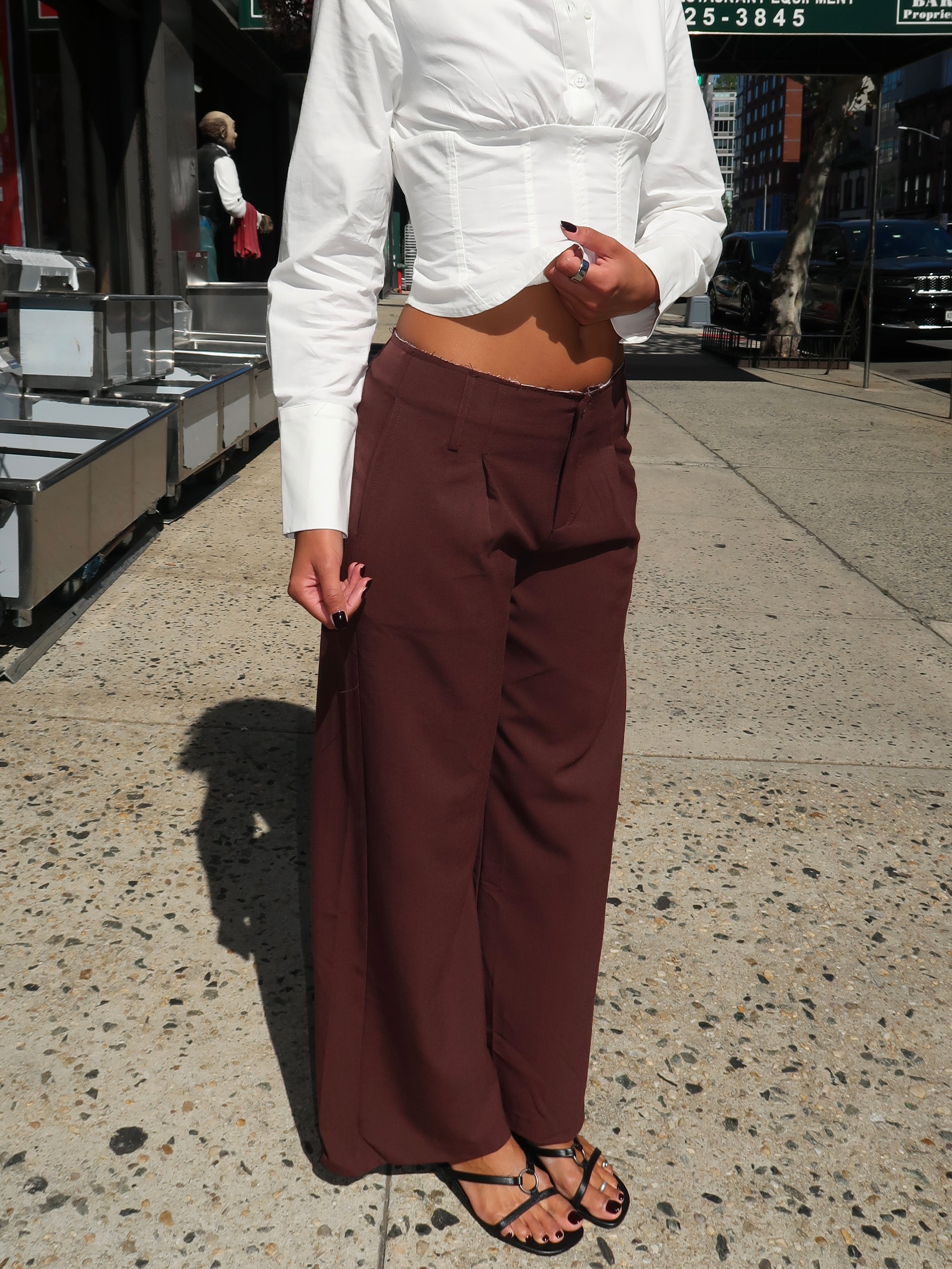 Artemas Raw Waistband Trousers in Dark Brown