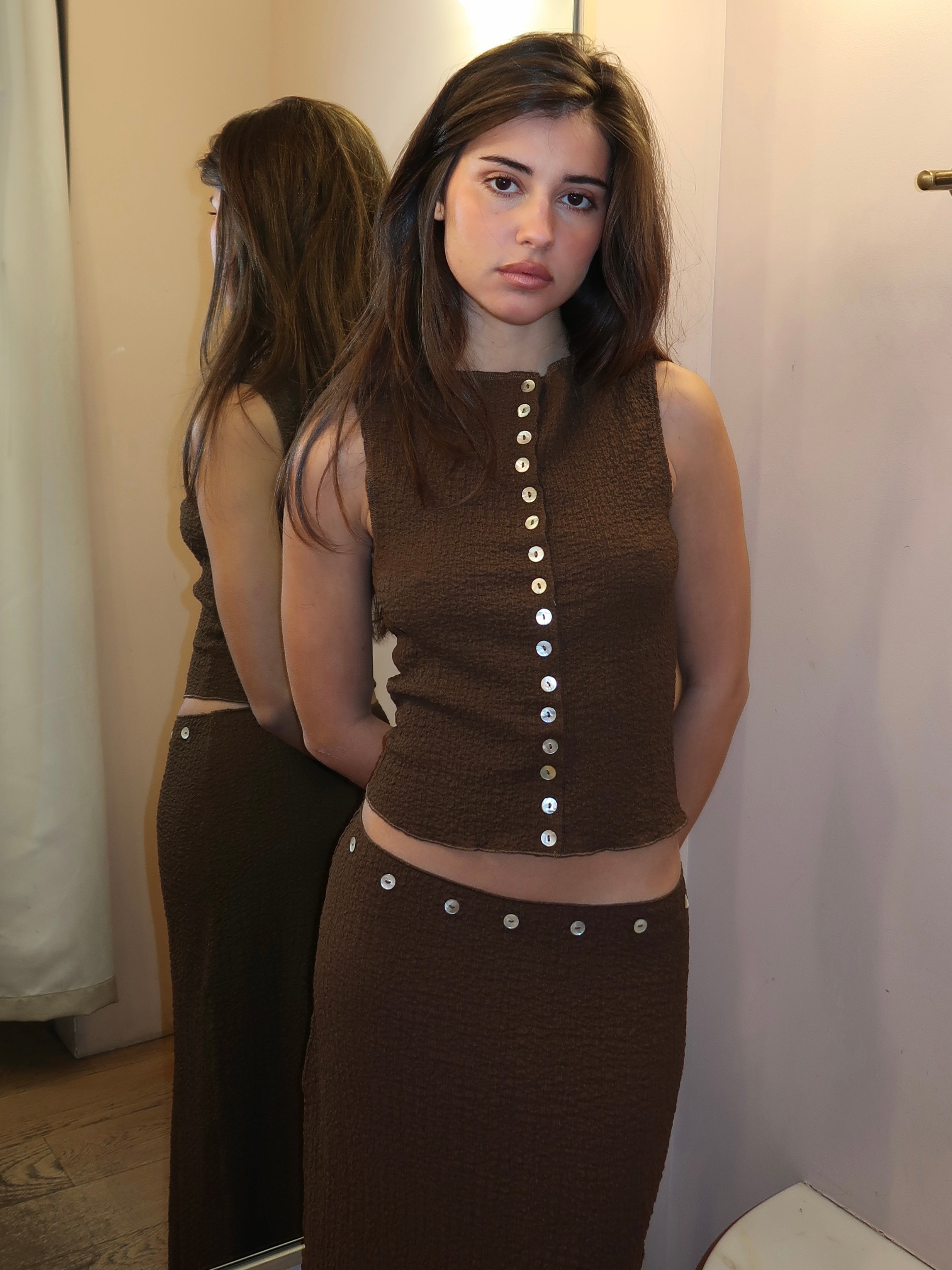 Poet Button Up Tank Top in Brown