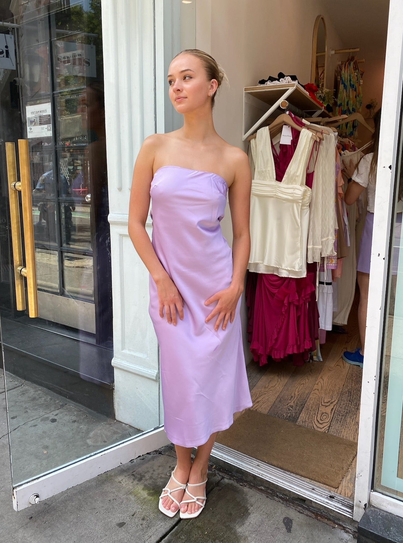 Macy Strapless Midi Dress in Lilac