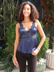 Paris Satin Lace Top in Navy