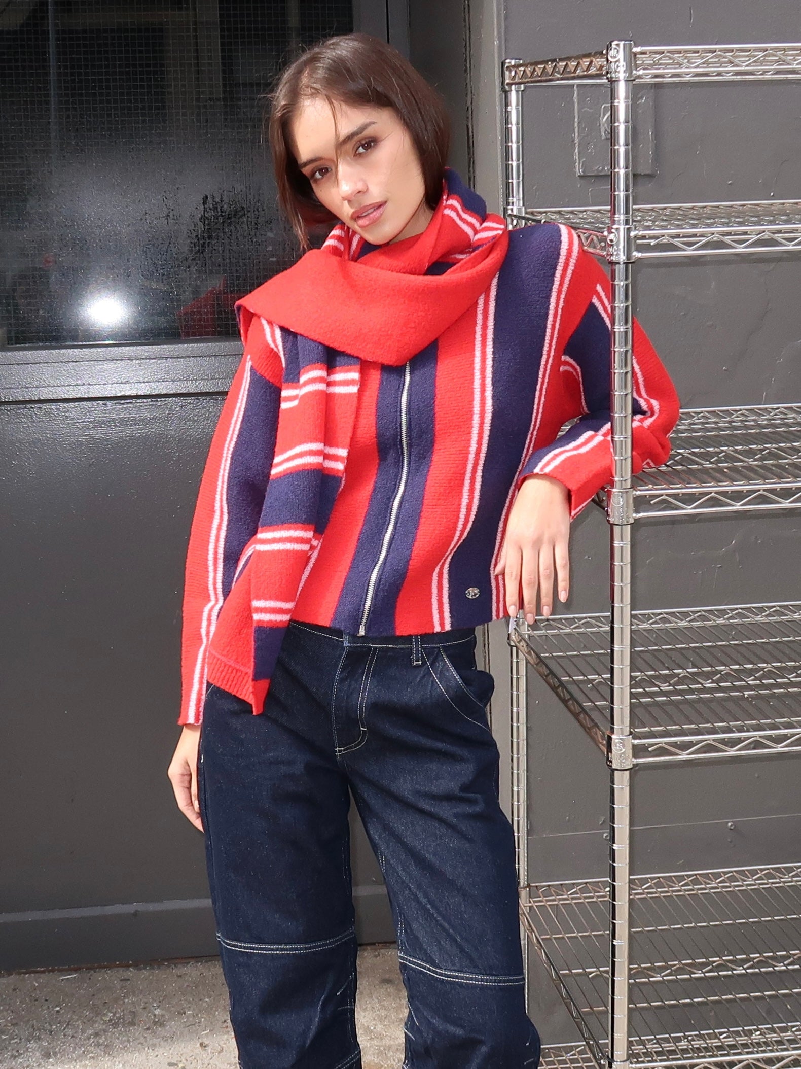 Bibi Skinny Scarf in Red Navy Stripe Multi