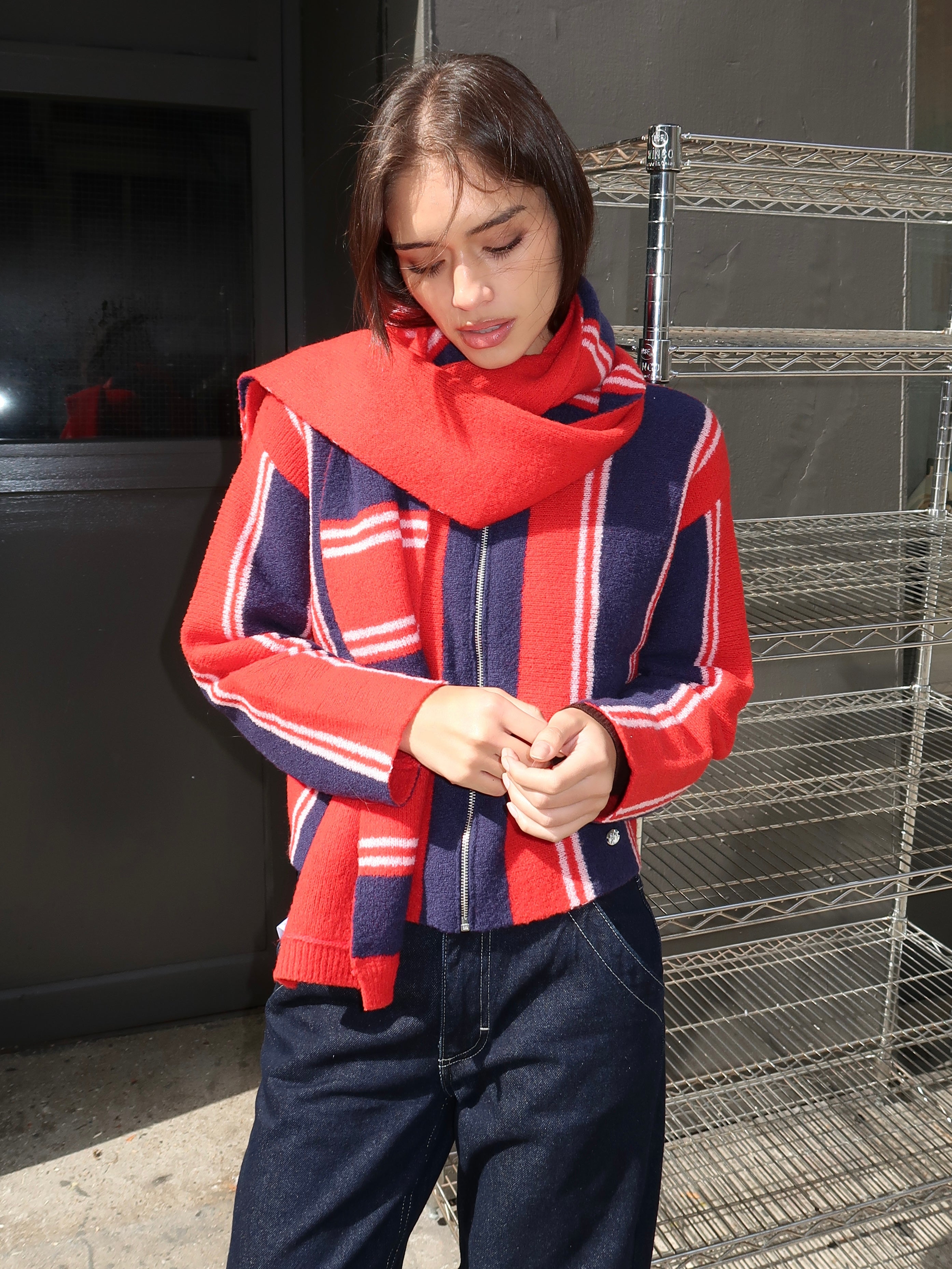 Bibi Skinny Scarf in Red Navy Stripe Multi
