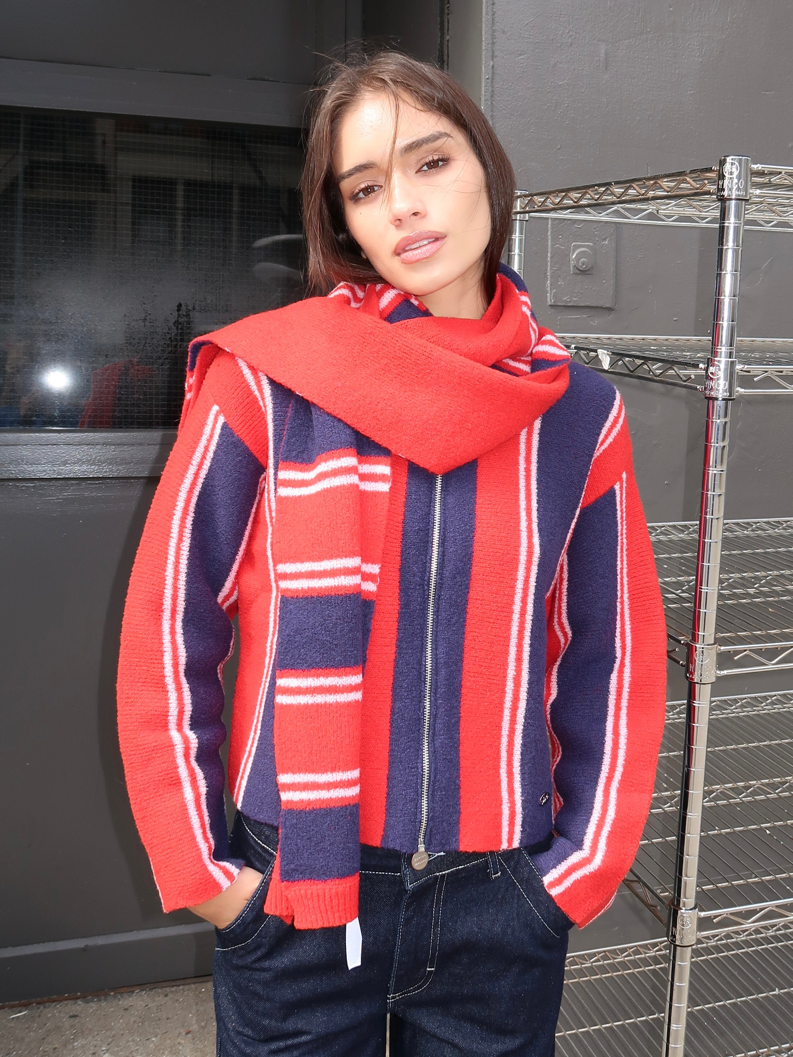 Bibi Skinny Scarf in Red Navy Stripe Multi