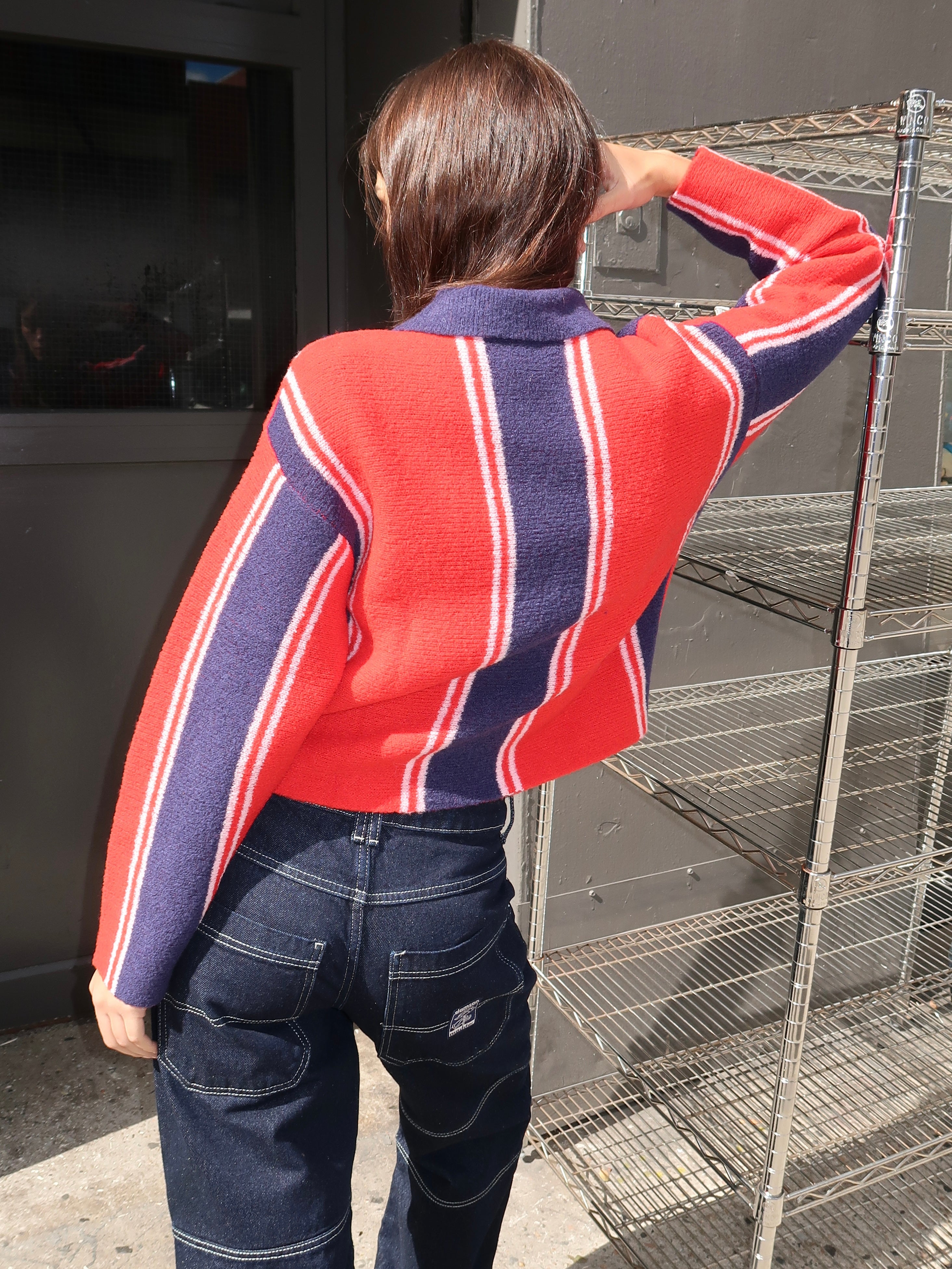 Bibi Boxy Reversible Cardigan in Vertical Stripe Red
