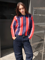 Bibi Boxy Reversible Cardigan in Vertical Stripe Red