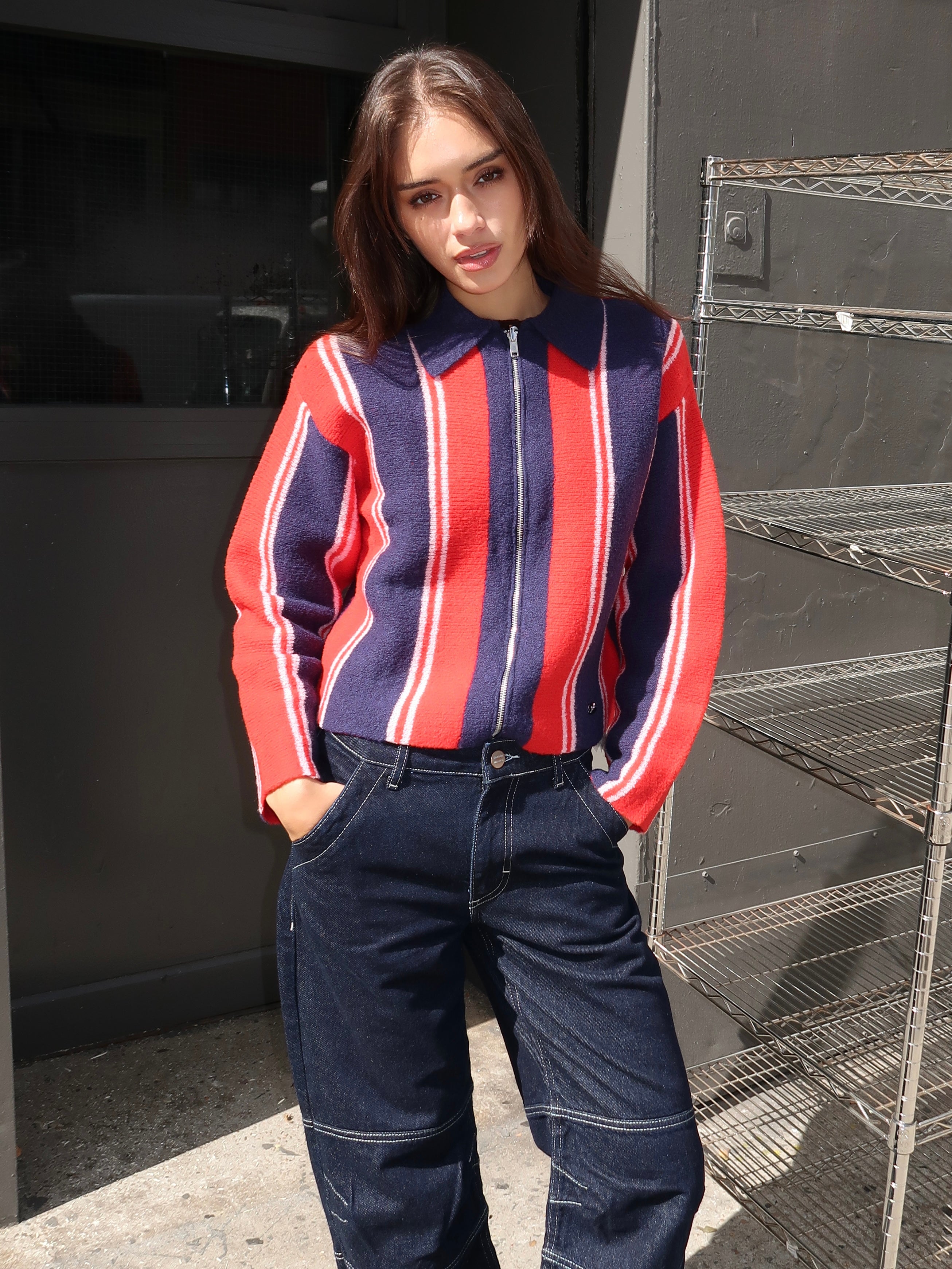 Bibi Boxy Reversible Cardigan in Vertical Stripe Red
