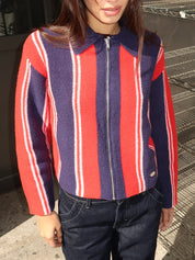 Bibi Boxy Reversible Cardigan in Vertical Stripe Red