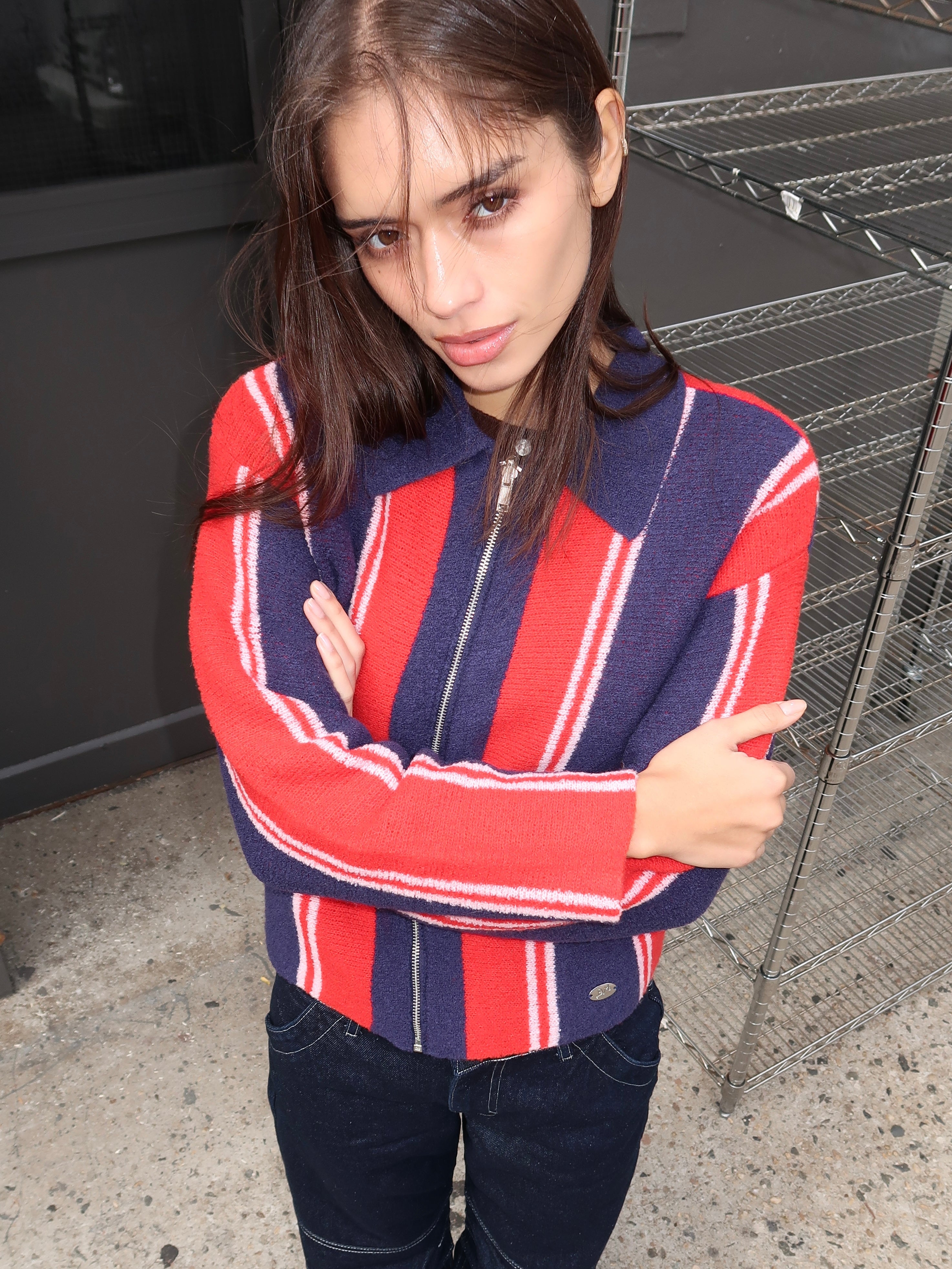 Bibi Boxy Reversible Cardigan in Vertical Stripe Red